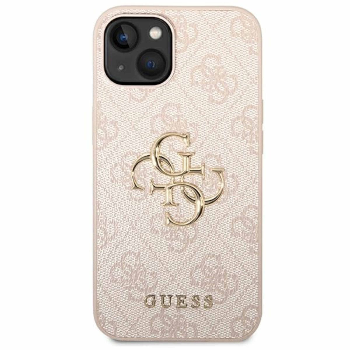 Goldene Handyhülle mit Guess-Logo. Die Hülle ist hellrosa, mit sich wiederholendem Muster.