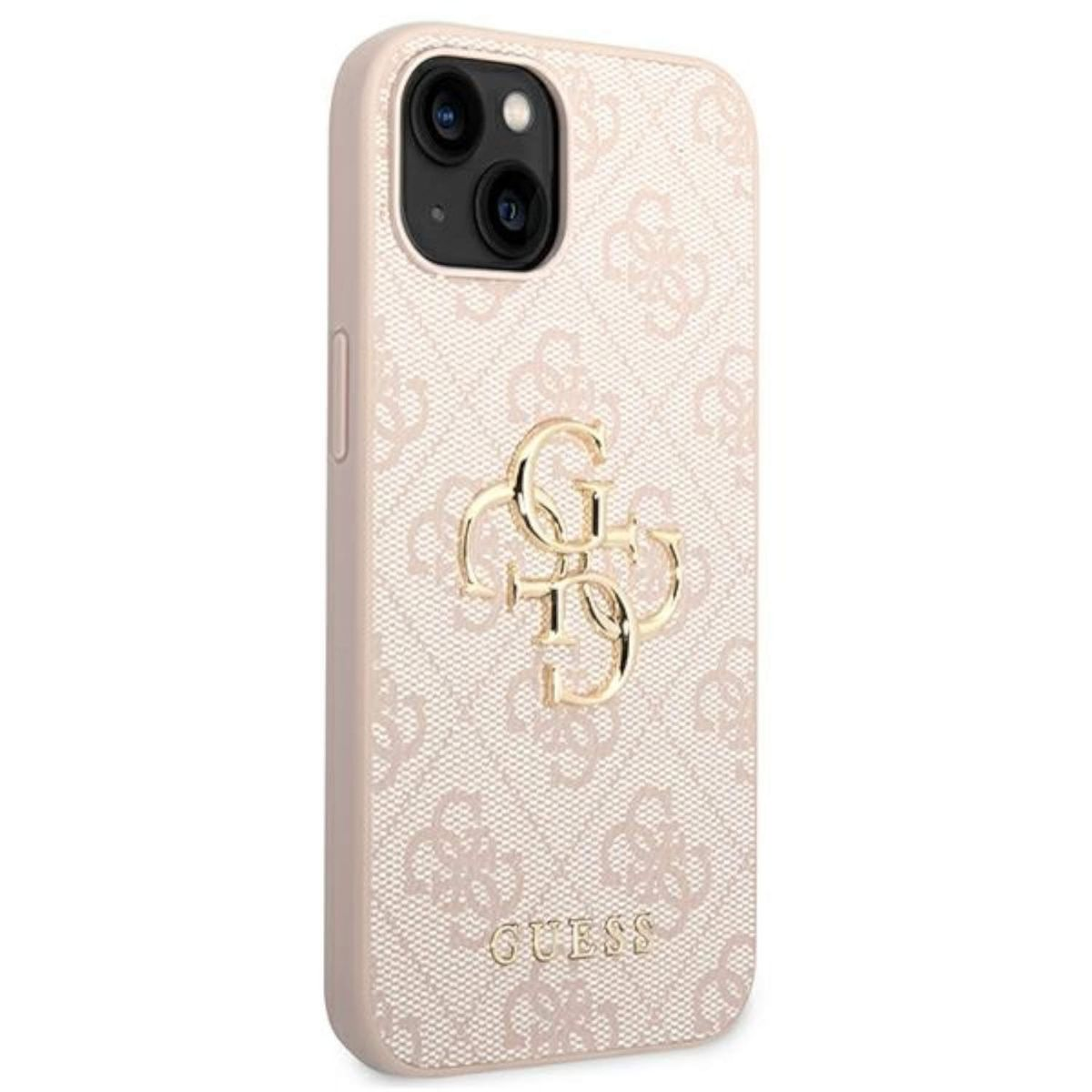 Handyhülle mit Guess-Logo auf pinkfarbenem Hintergrund, mit Telefon und Kamera.