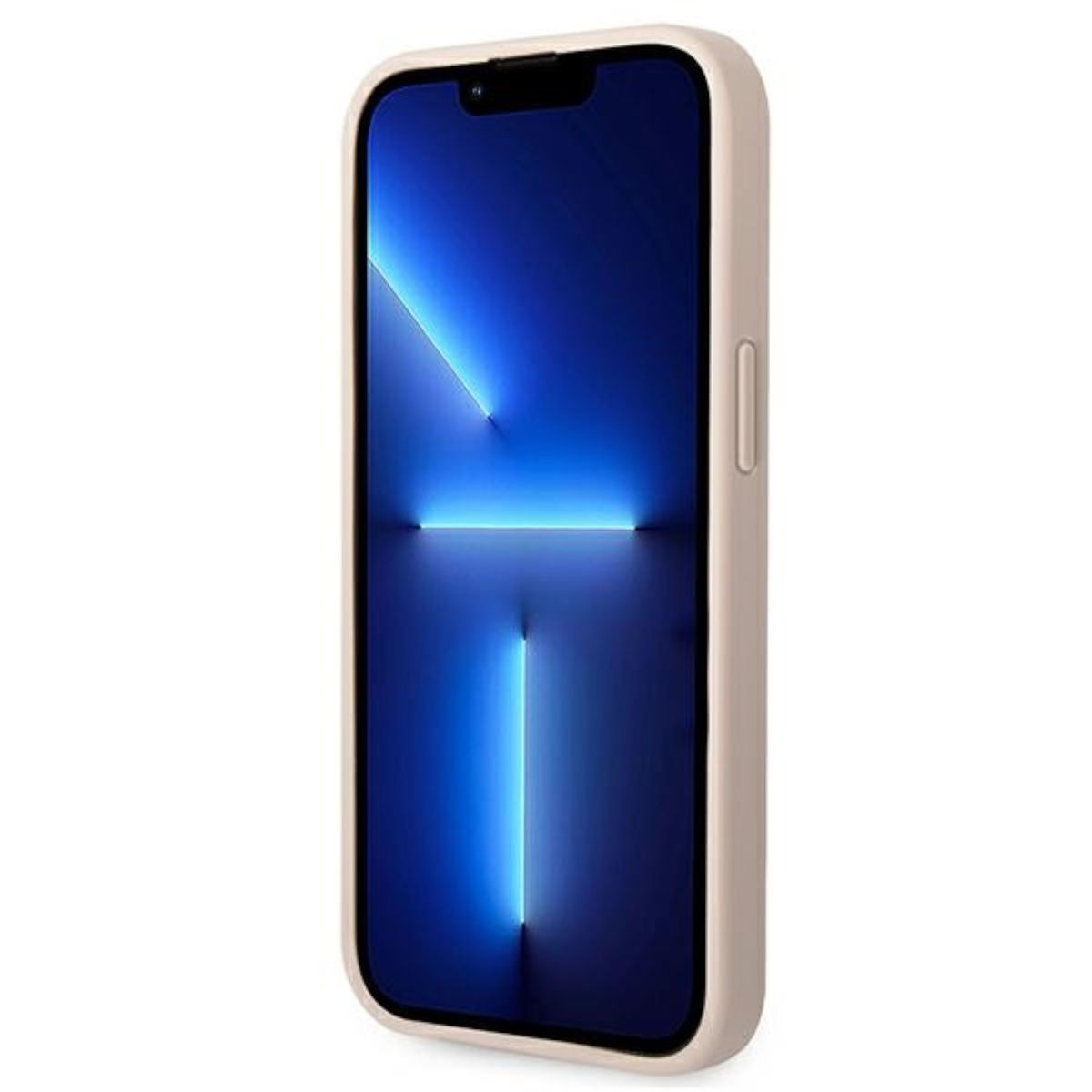 Ein Telefon in einer hellbeigen Hülle. Der Bildschirm zeigt ein blaues und weißes Design.