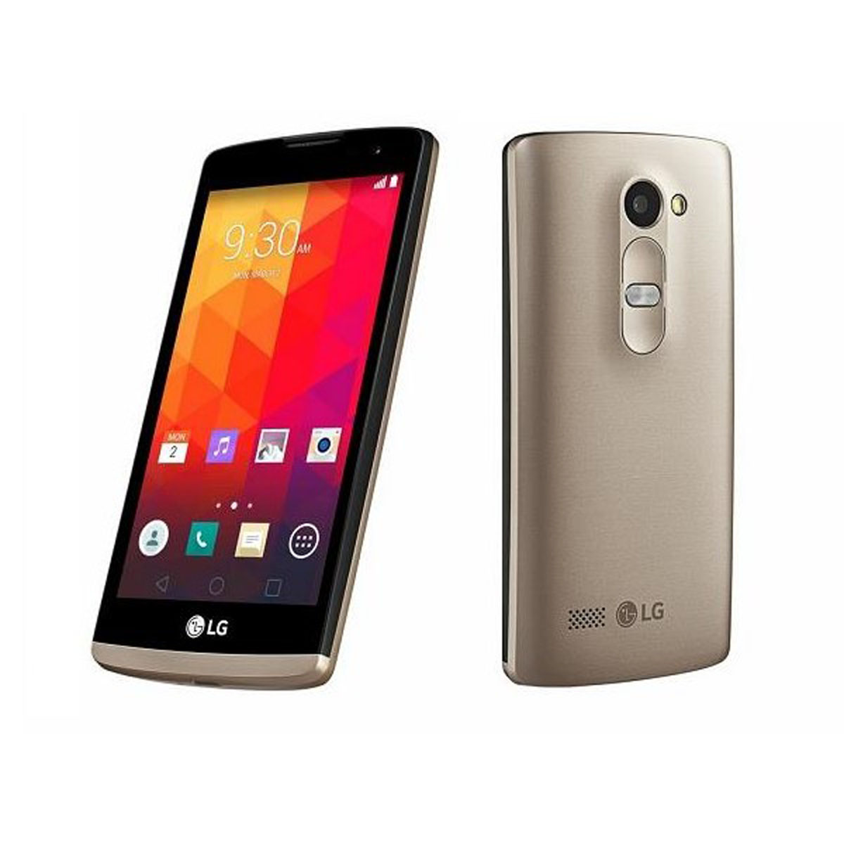 Goldenes LG-Telefon, Vorder- und Rückansicht. Die Vorderseite zeigt den Bildschirm mit Apps.