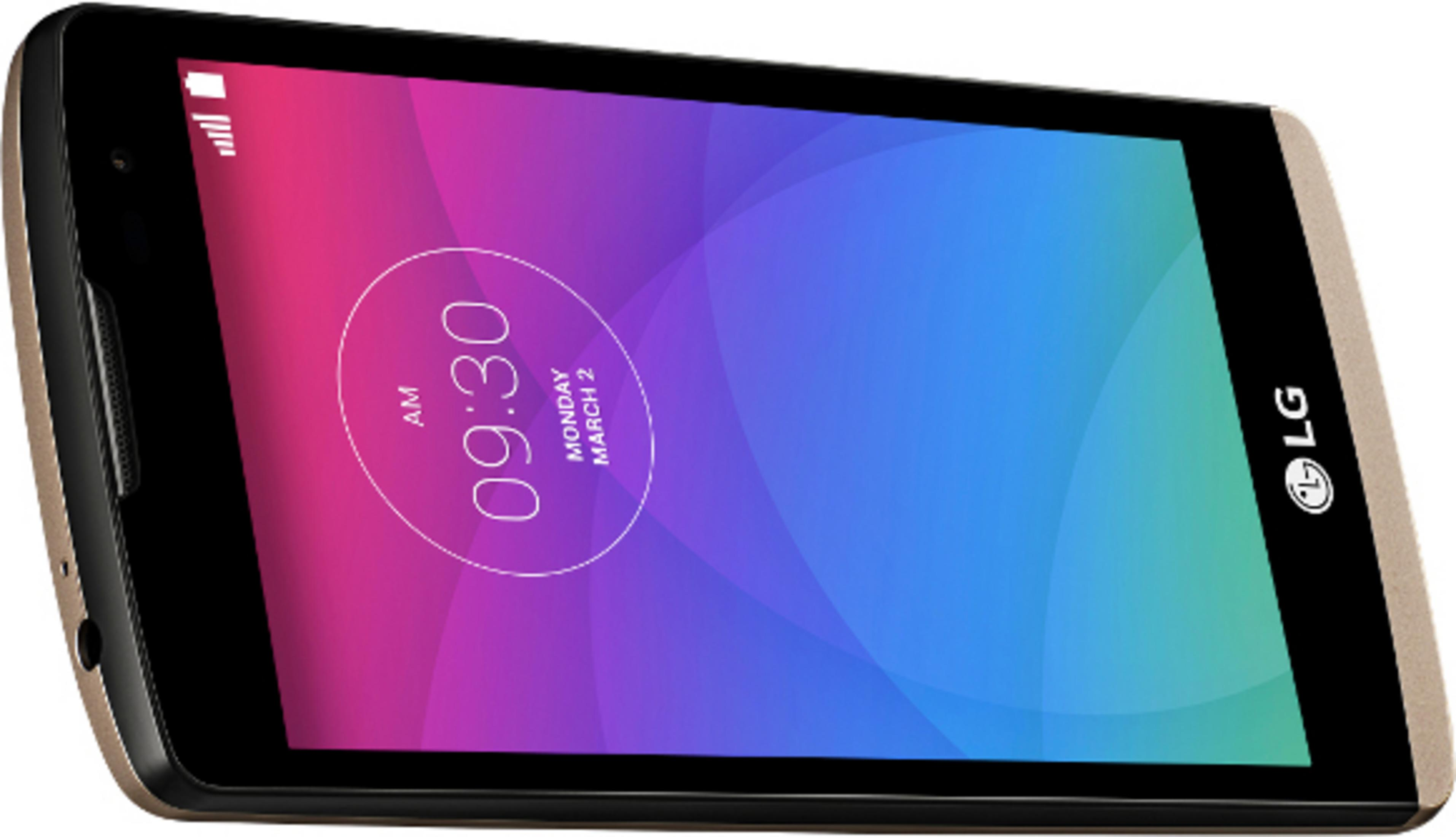 Gold-schwarzes LG Smartphone mit farbenfrohem Sperrbildschirm.
