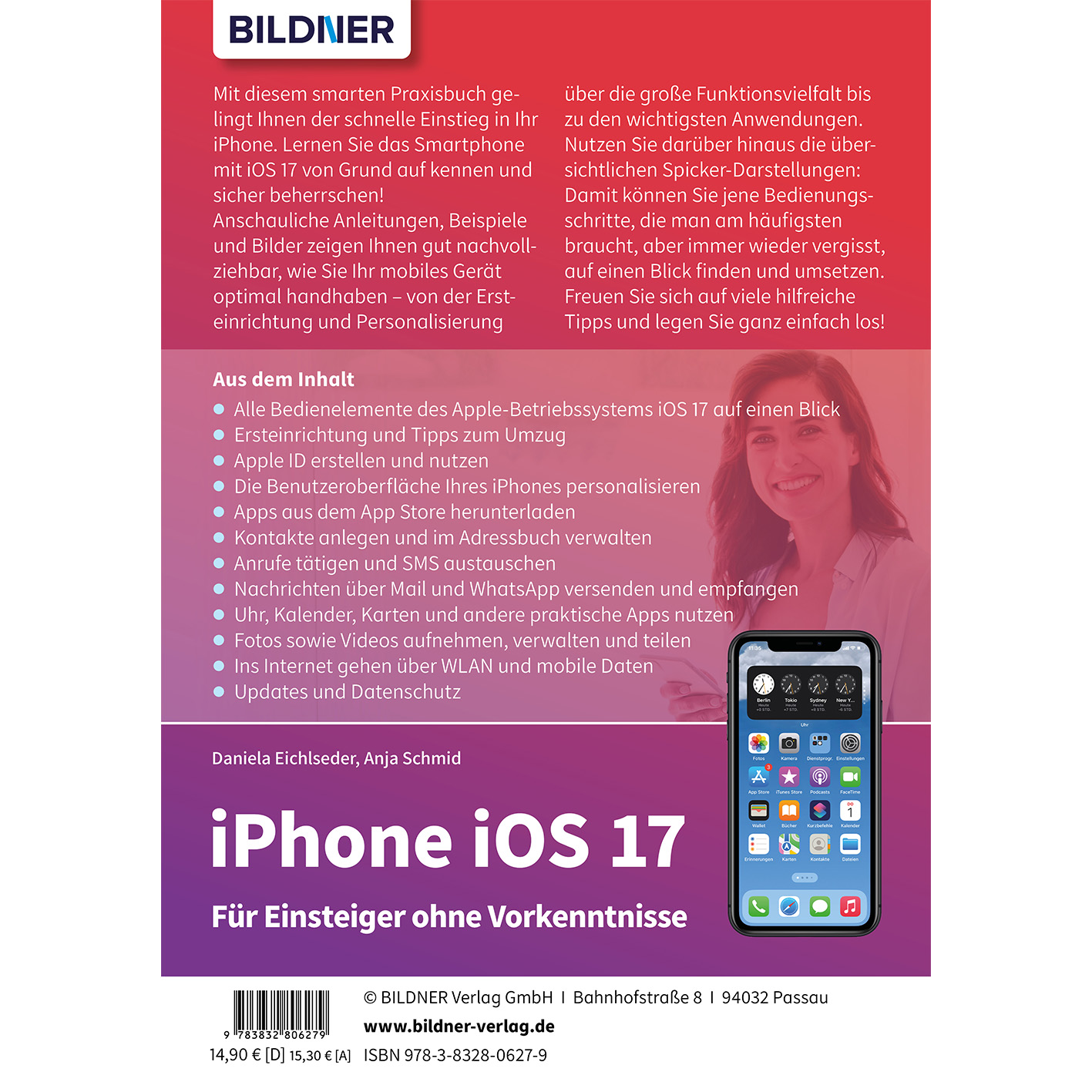 Buchcover mit Handybild. Text auf Deutsch beschreibt eine iOS 17 Anleitung.