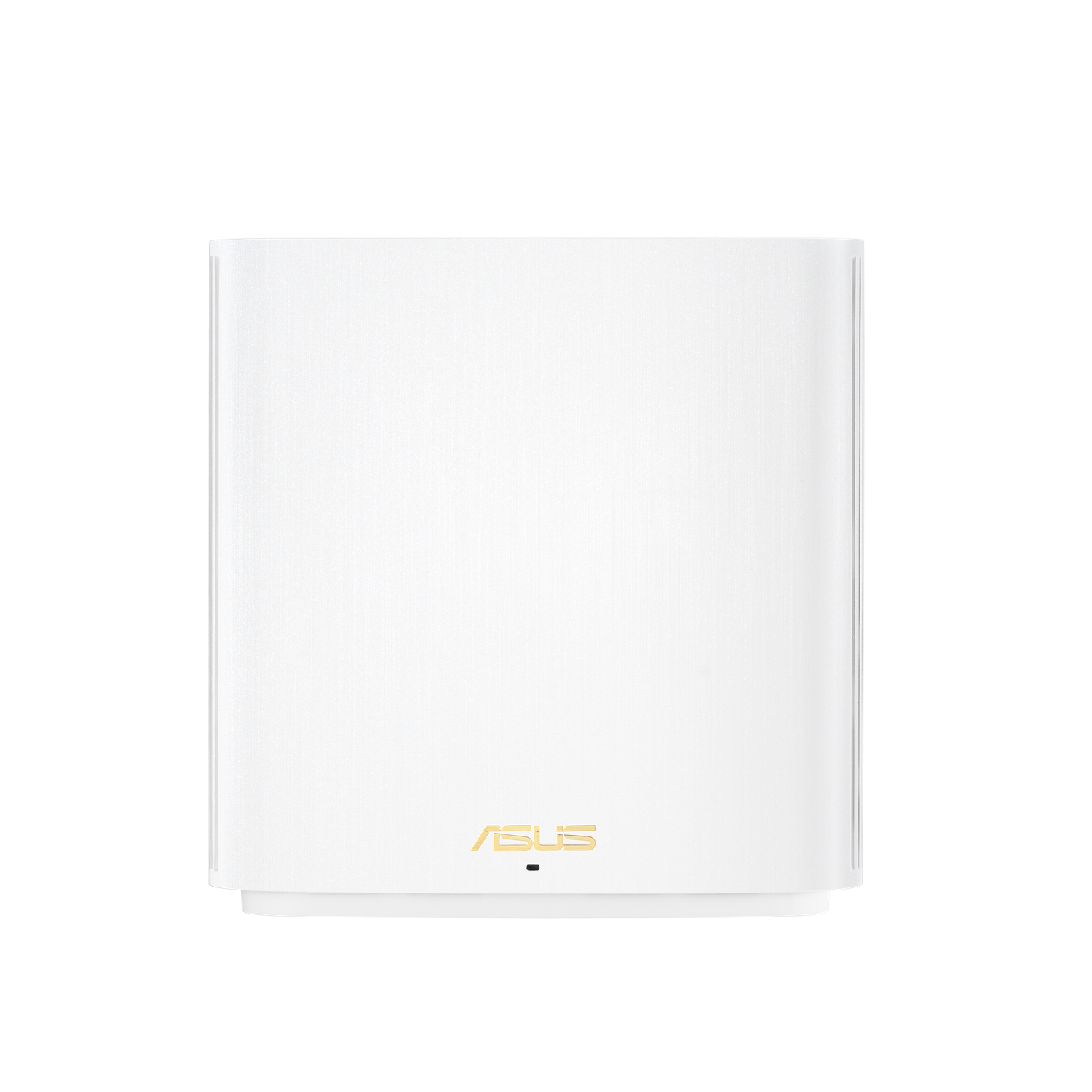 Un dispositivo de enrutador blanco con el logotipo de ASUS en la parte delantera, aislado sobre negro.