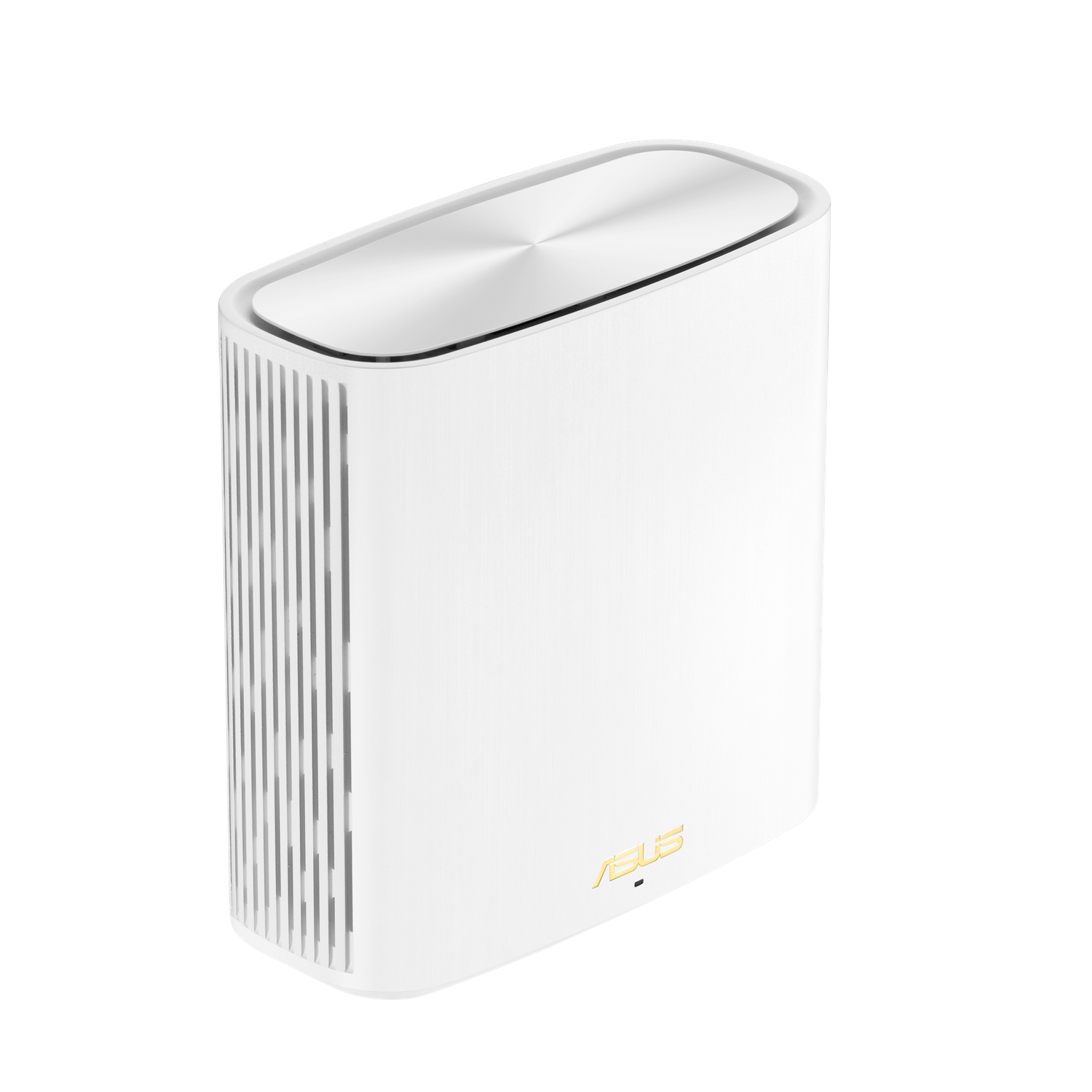 Un enrutador blanco con texto dorado "ASUS". Es un dispositivo rectangular con una parte superior plateada y rejillas verticales.