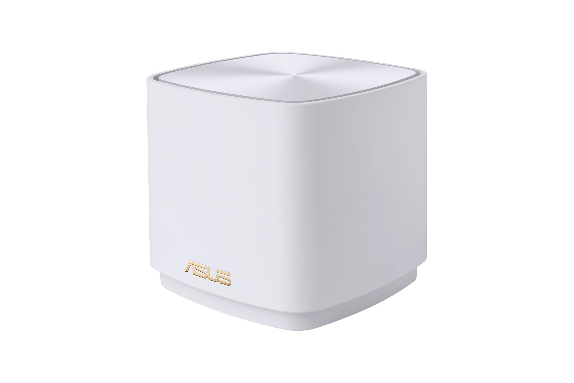 Weißer, kleiner, runder Router. Das Wort 'ASUS' ist goldfarben aufgedruckt.