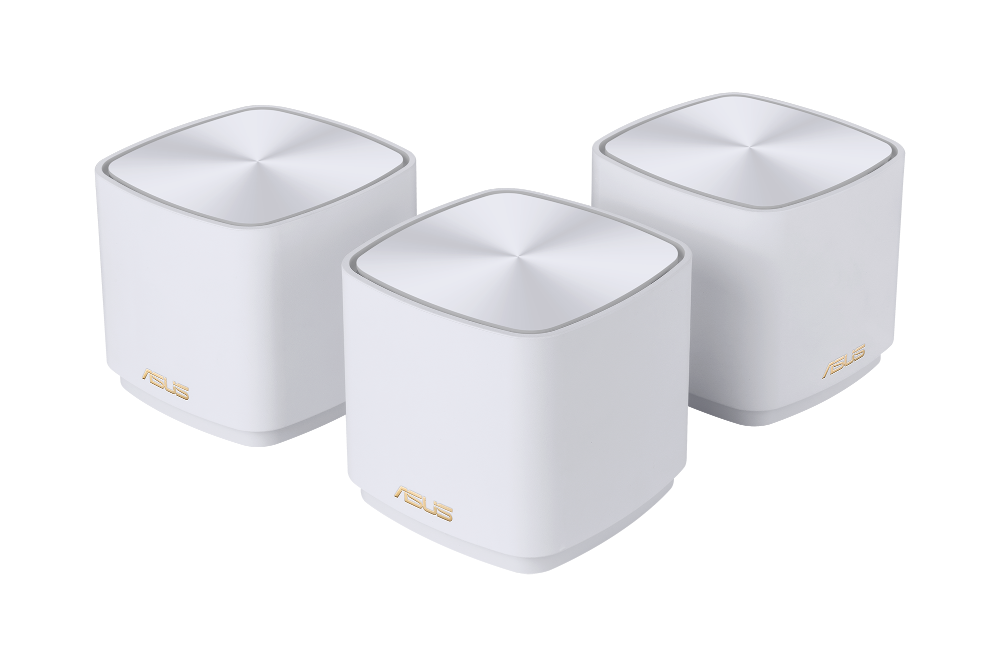 Tre router Wi-Fi ASUS bianchi, disposti in un gruppo. Ognuno ha il logo ASUS sulla parte anteriore.