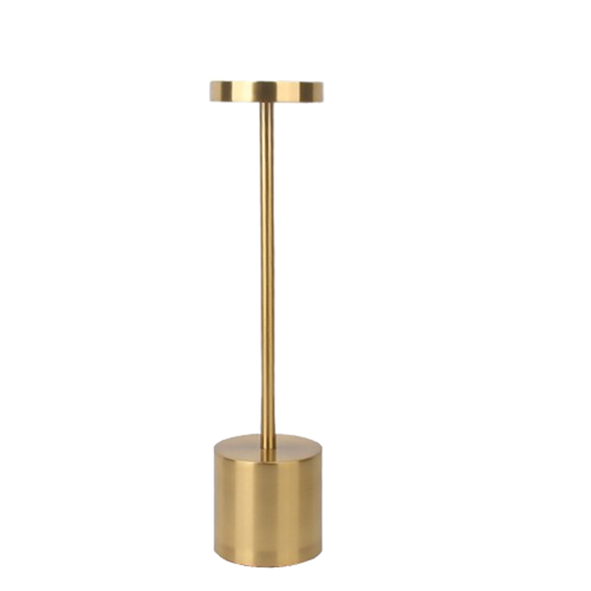 Eine goldene Lampe mit rundem Kopf und zylindrischem Sockel. Weißer Hintergrund.