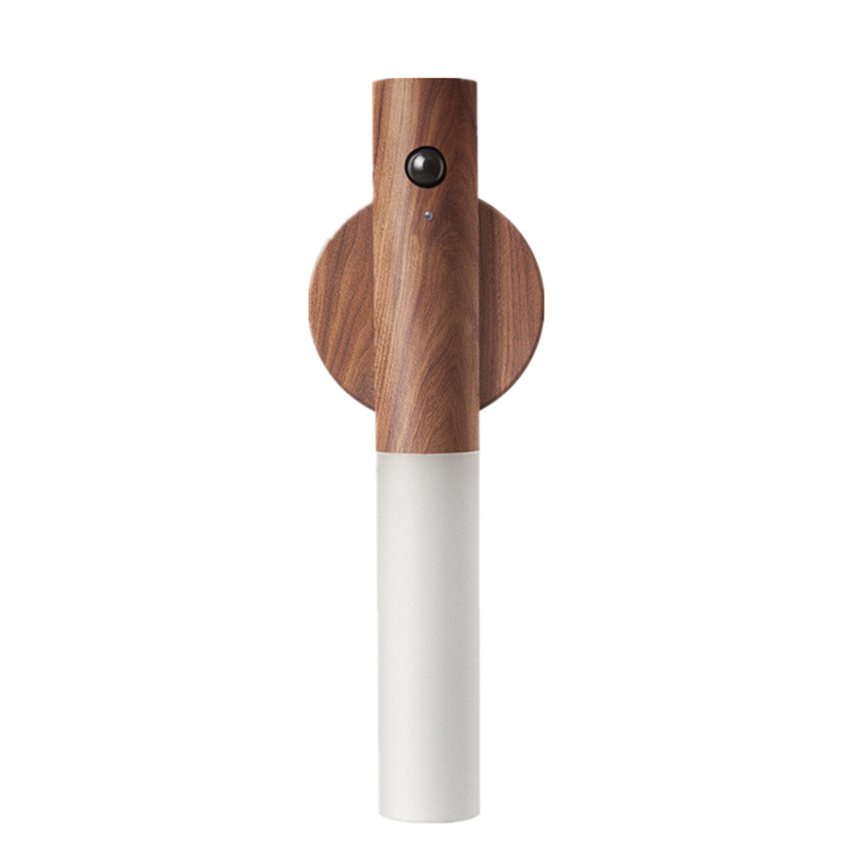 Eine Wandlampe aus Holz mit rundem Oberteil, dunklem Knopf und weißem, zylindrischen Boden.