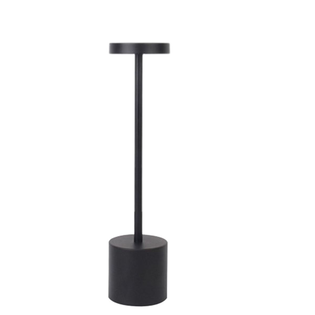 Schwarze, zylindrische Tischlampe mit rundem Fuß und rundem Kopf.