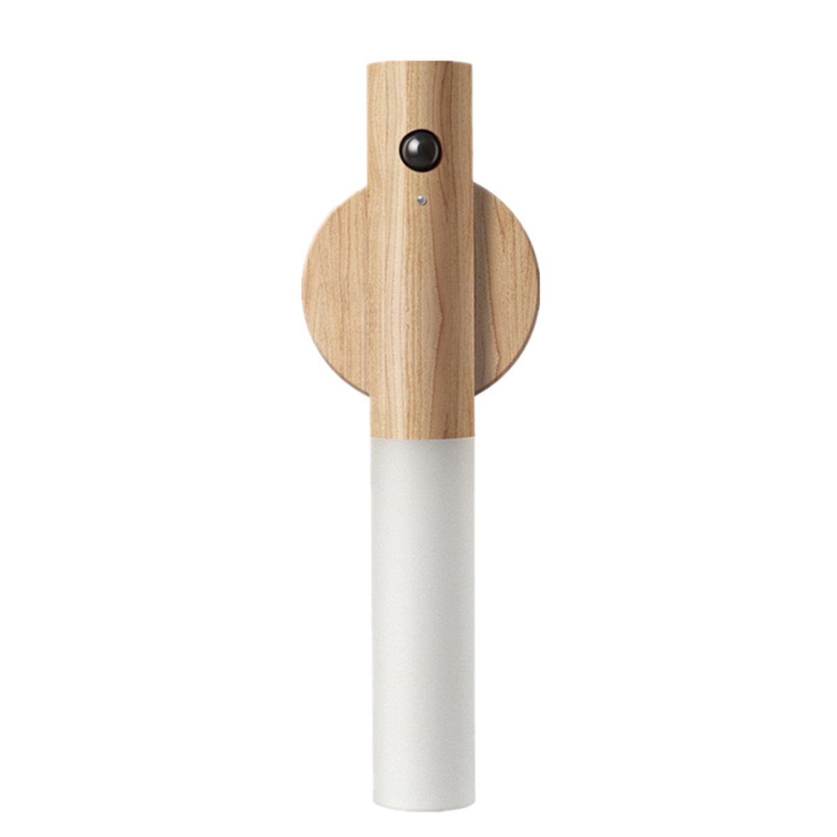 Holzlampe mit weißem Schirm und schwarzem Knopf oben.