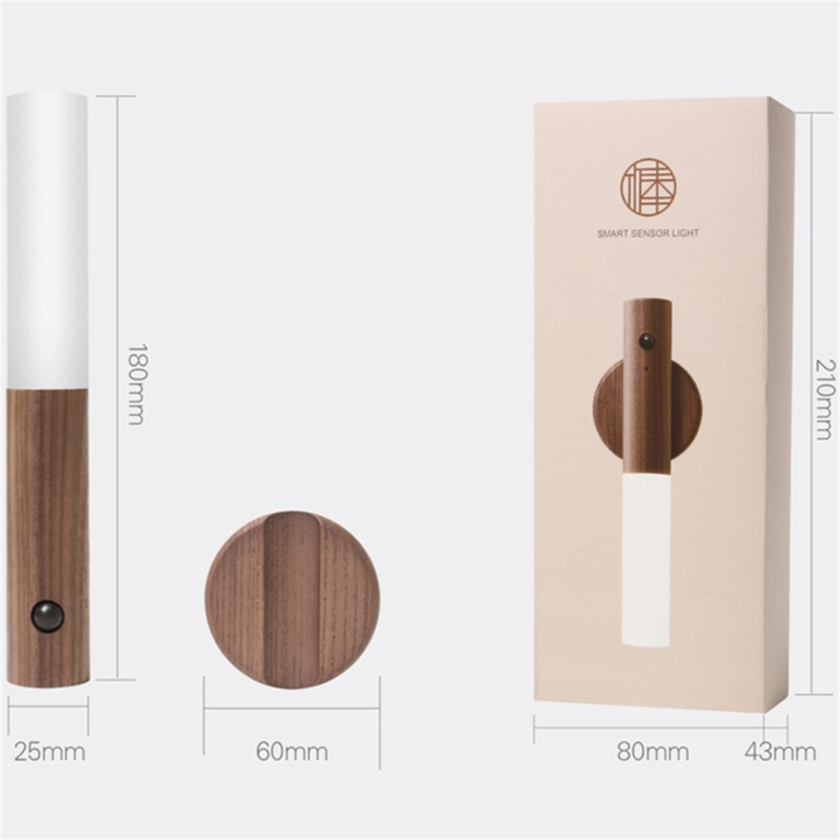 Eine Holzlampe mit zylindrischem Schirm und rechteckiger Box, die die Abmessungen zeigt.