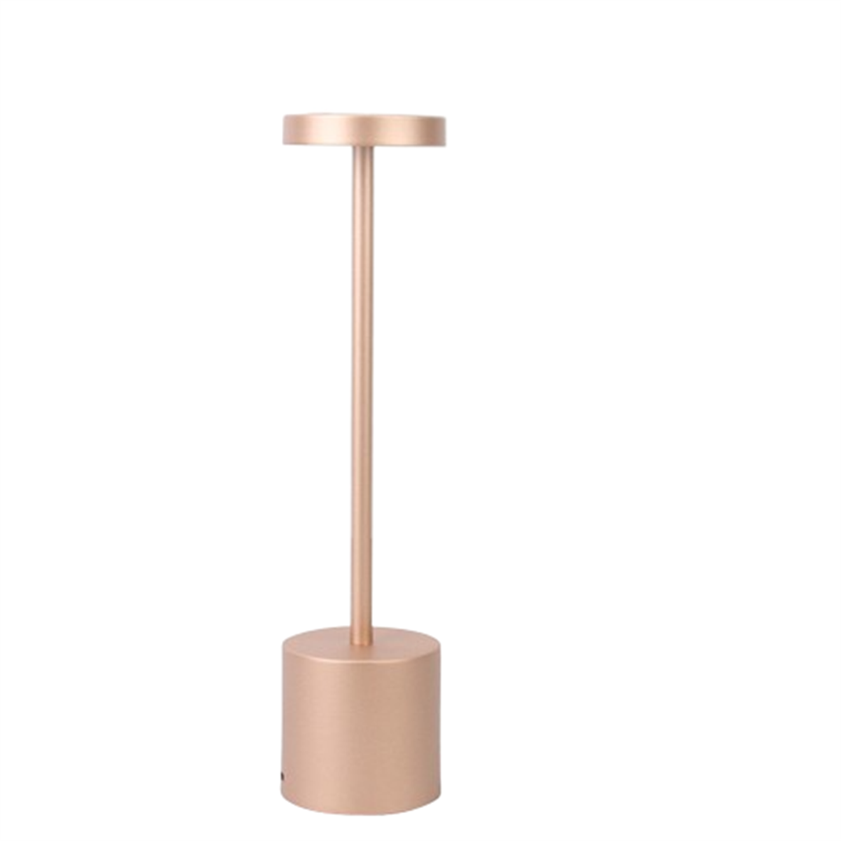 Eine roségoldene Tischlampe mit zylindrischem Sockel und kreisförmiger Oberseite.