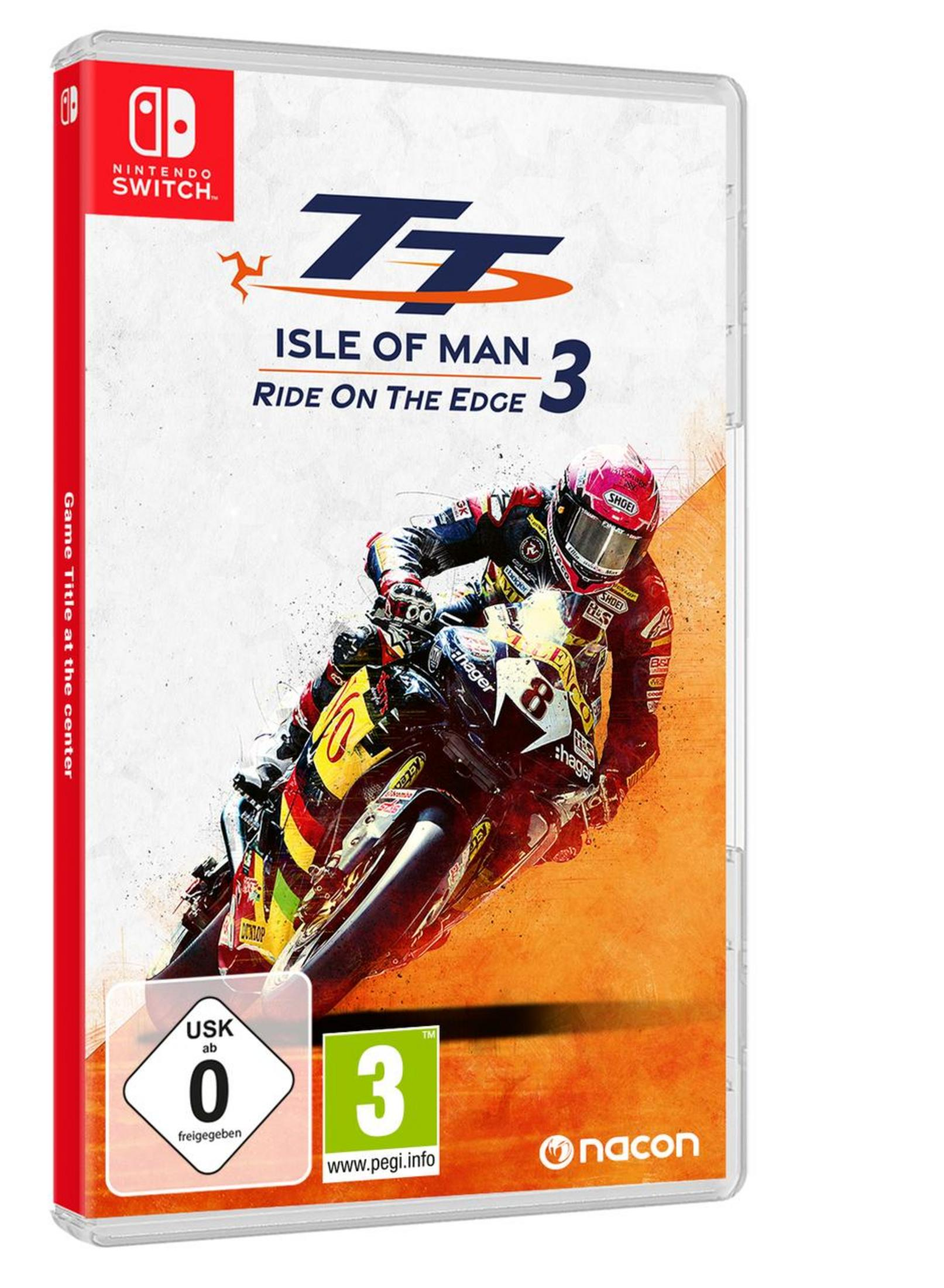 Spielbox für Nintendo Switch: Isle of Man 3. Auf dem Cover ist ein Motorradrennfahrer abgebildet.