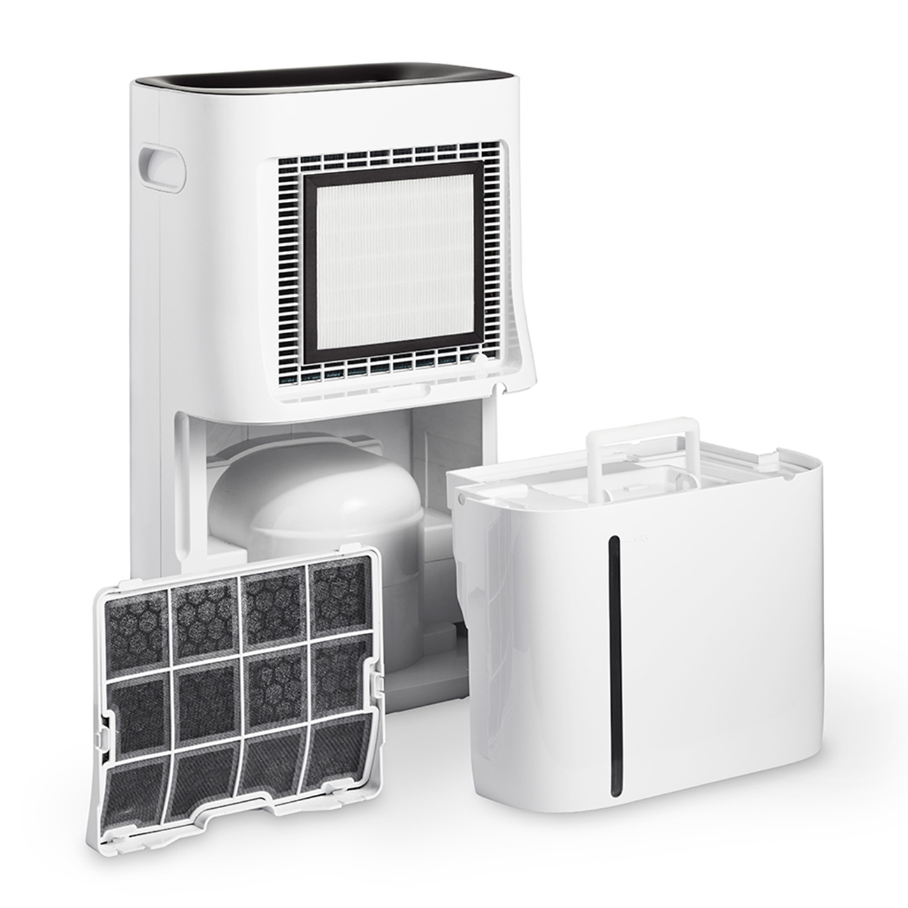 Witte luchtreiniger met open compartimenten die filters, watertank en interne componenten tonen.