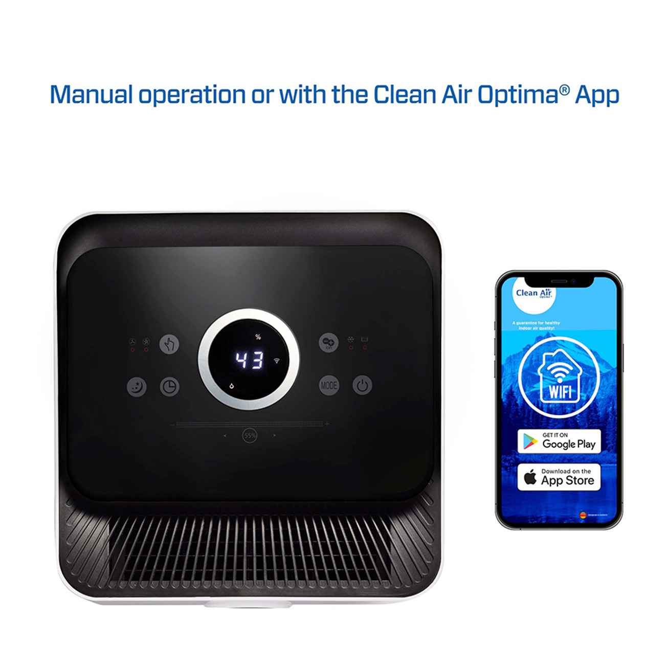 Ein schwarzer Luftreiniger mit Digitalanzeige und ein Smartphone mit der Clean Air Optima App.