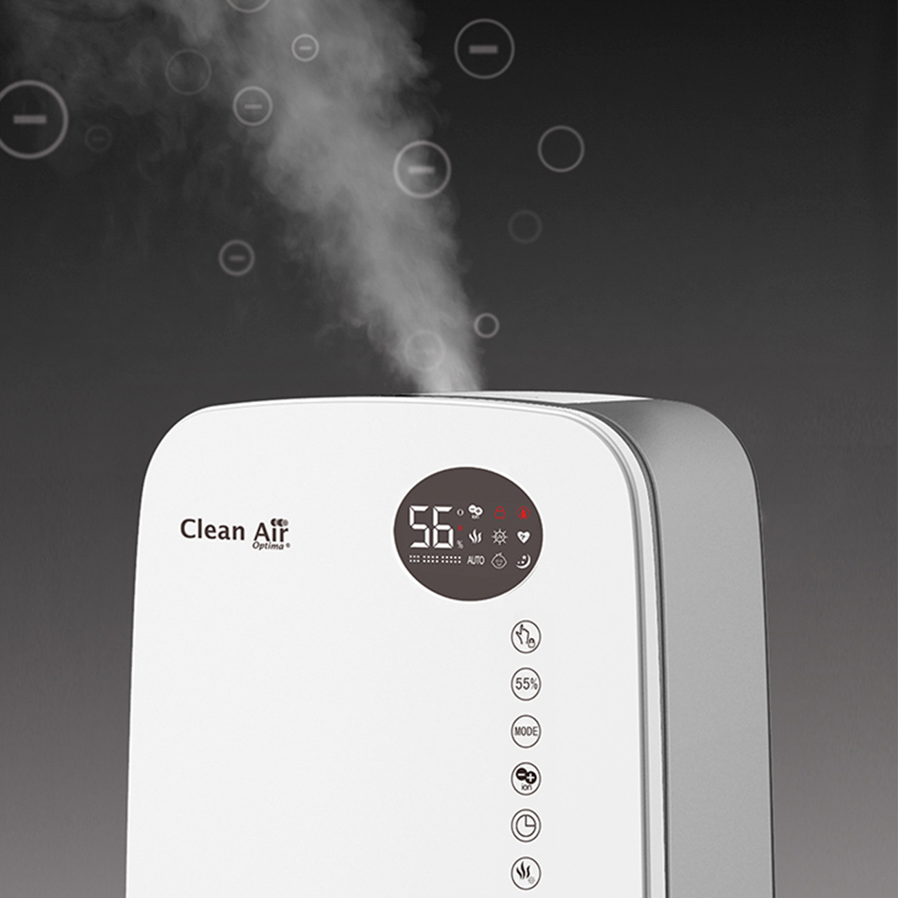 Weißer Luftreiniger mit Display, das 56 anzeigt, Dampf steigt auf und 'Clean Air' Logo. Blasen im Hintergrund.