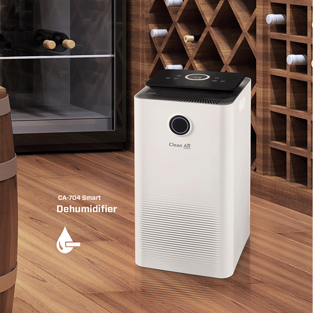 Weißer Smart-Luftentfeuchter in Raum mit Holzboden und Weinflaschen. Schwarzes Oberteil.