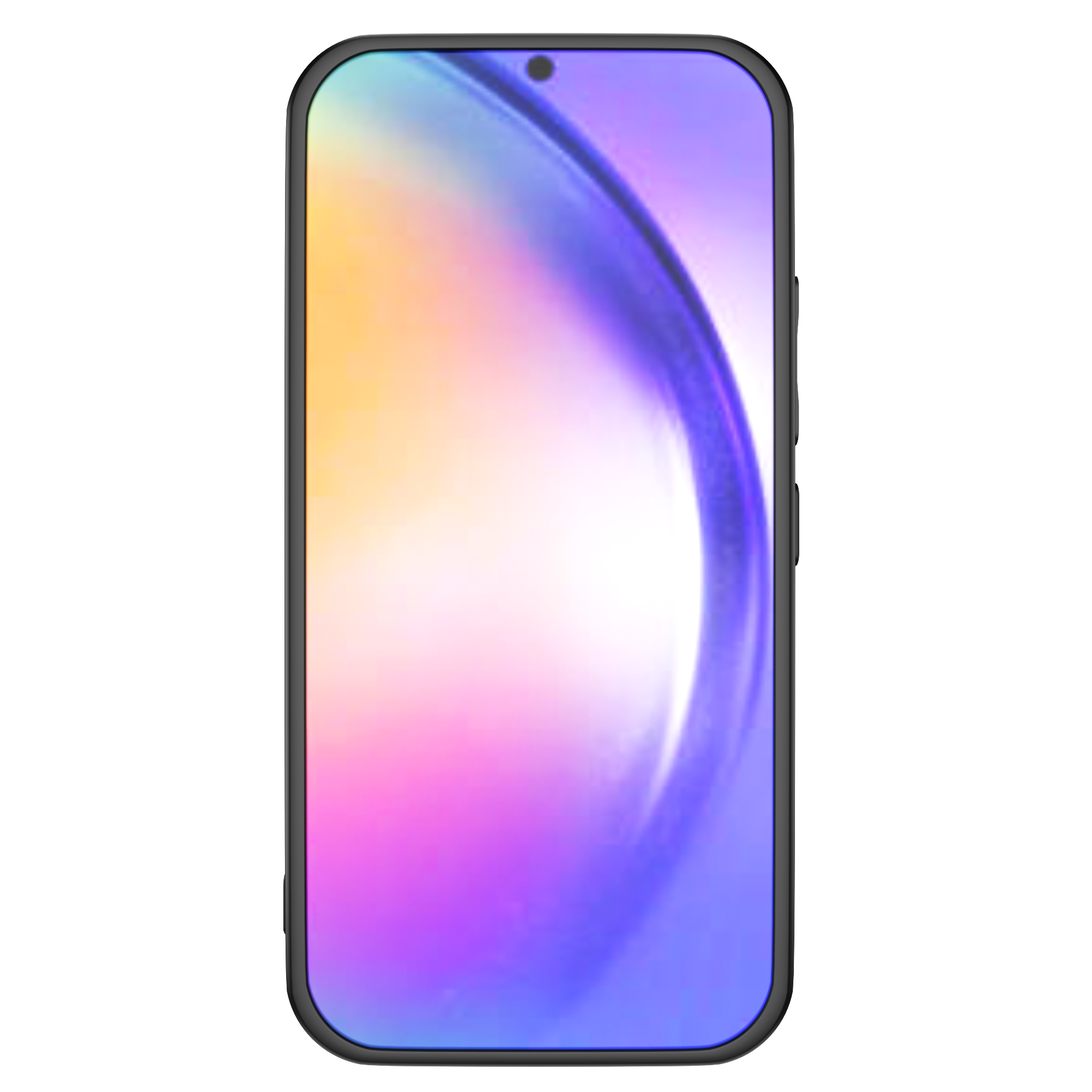Uno smartphone con schermo colorato su sfondo nero. Il display mostra sfumature viola e gialle.