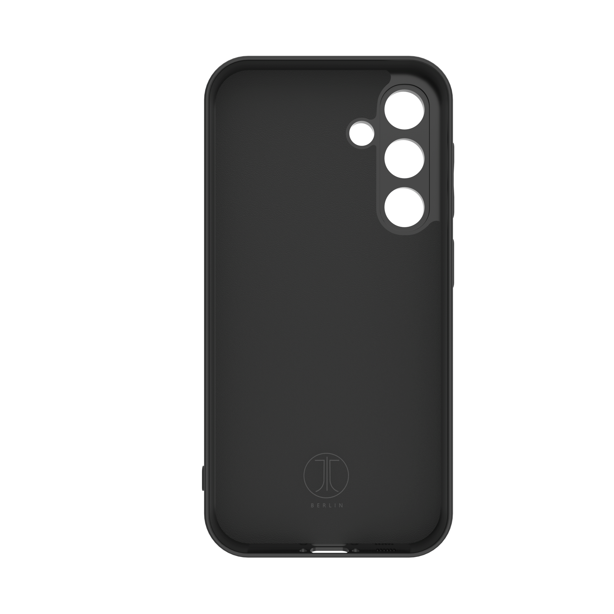 Une coque de téléphone noire avec trois trous pour la caméra et le mot 'BERLIN' en bas.