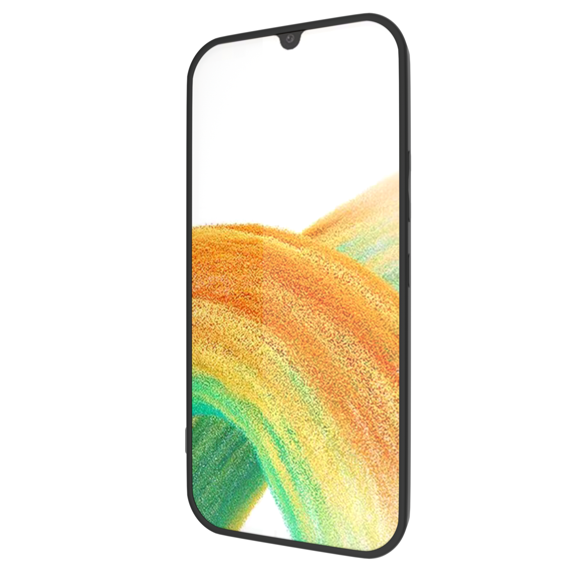 Ein schwarzes Smartphone mit einem Bildschirm, der farbenfrohe abstrakte Formen zeigt, nach rechts geneigt.