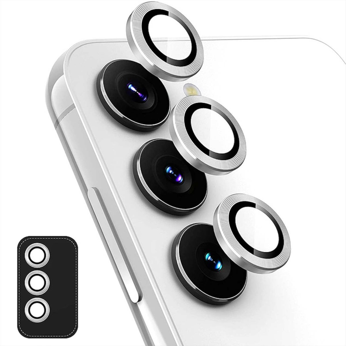 Uno smartphone con protezione per l'obiettivo della fotocamera. Ci sono 3 coperture per le lenti.