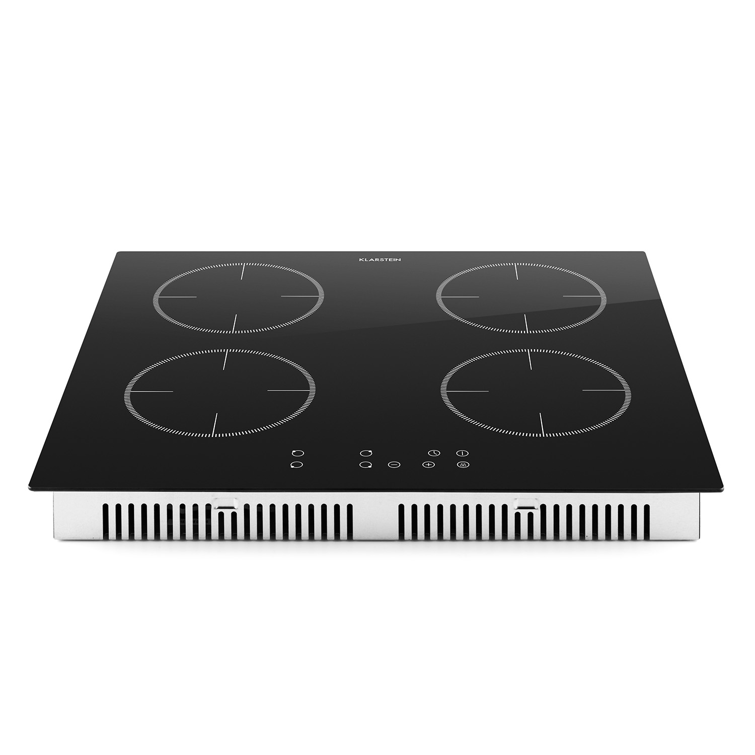 Un piano cottura a induzione in vetro nero con quattro zone di riscaldamento circolari.