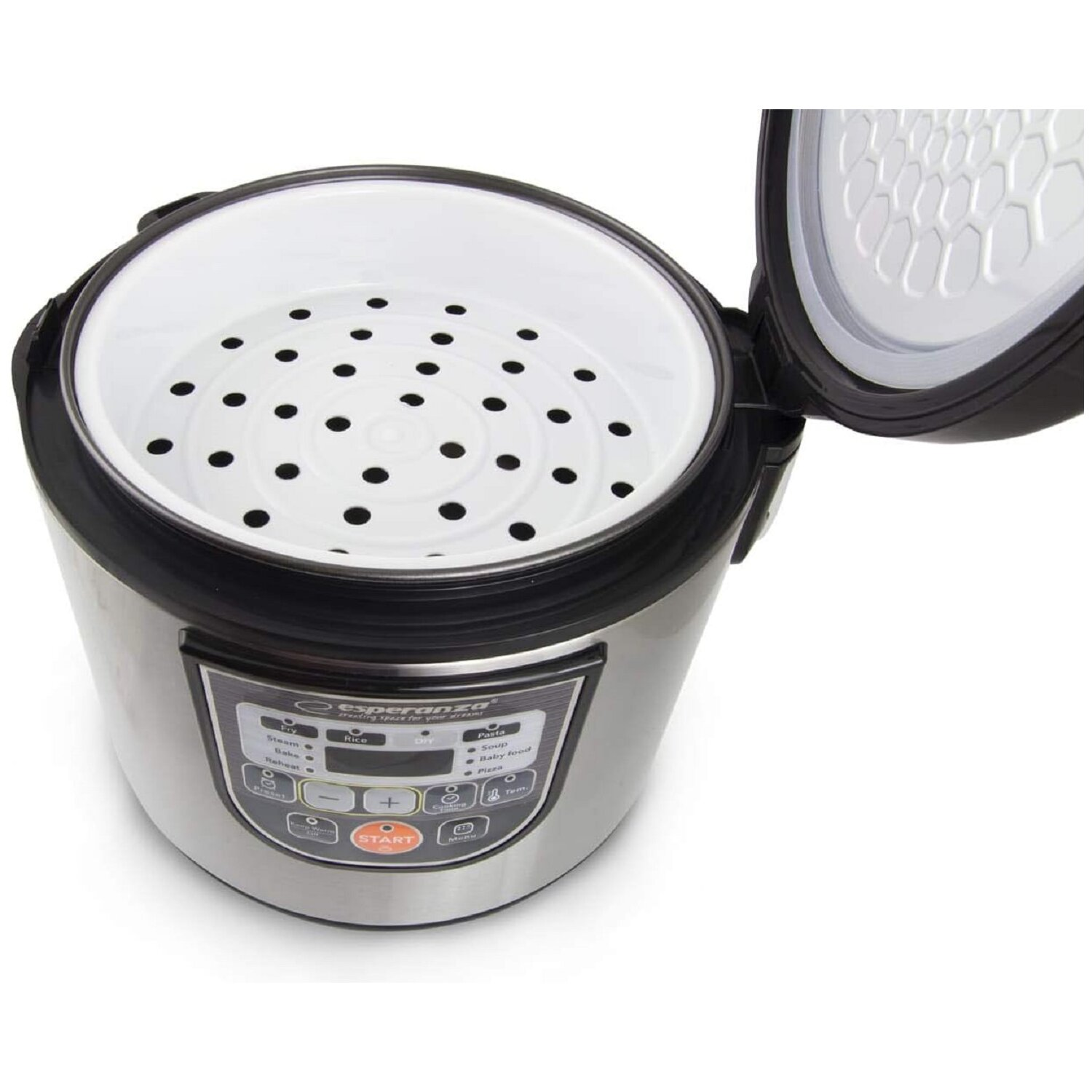 Otwarty garnek do ryżu z białym garnkiem wewnętrznym i tacką do gotowania na parze.