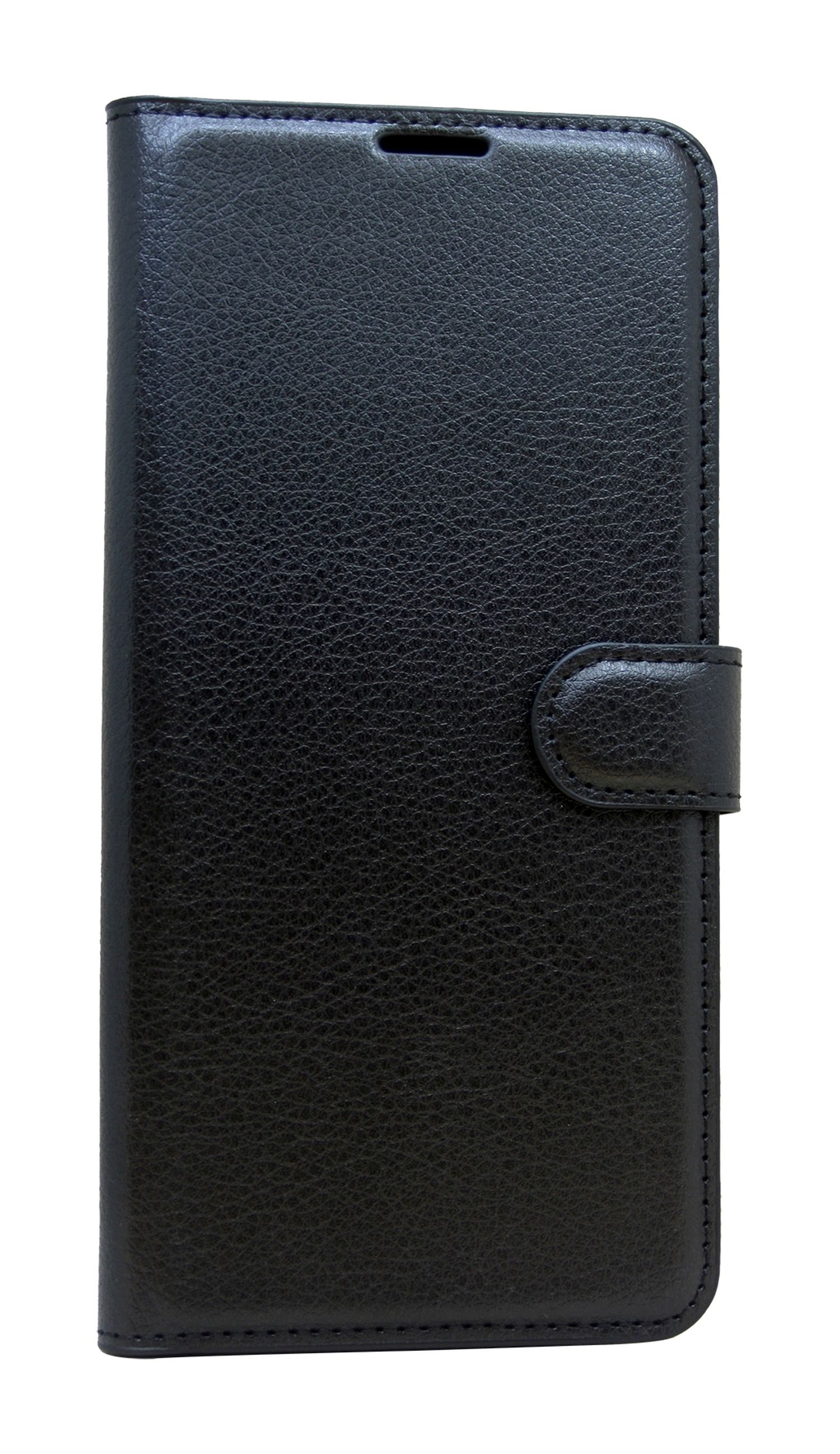Geschlossene schwarze Leder-Handyhülle. Knopfverschluss.