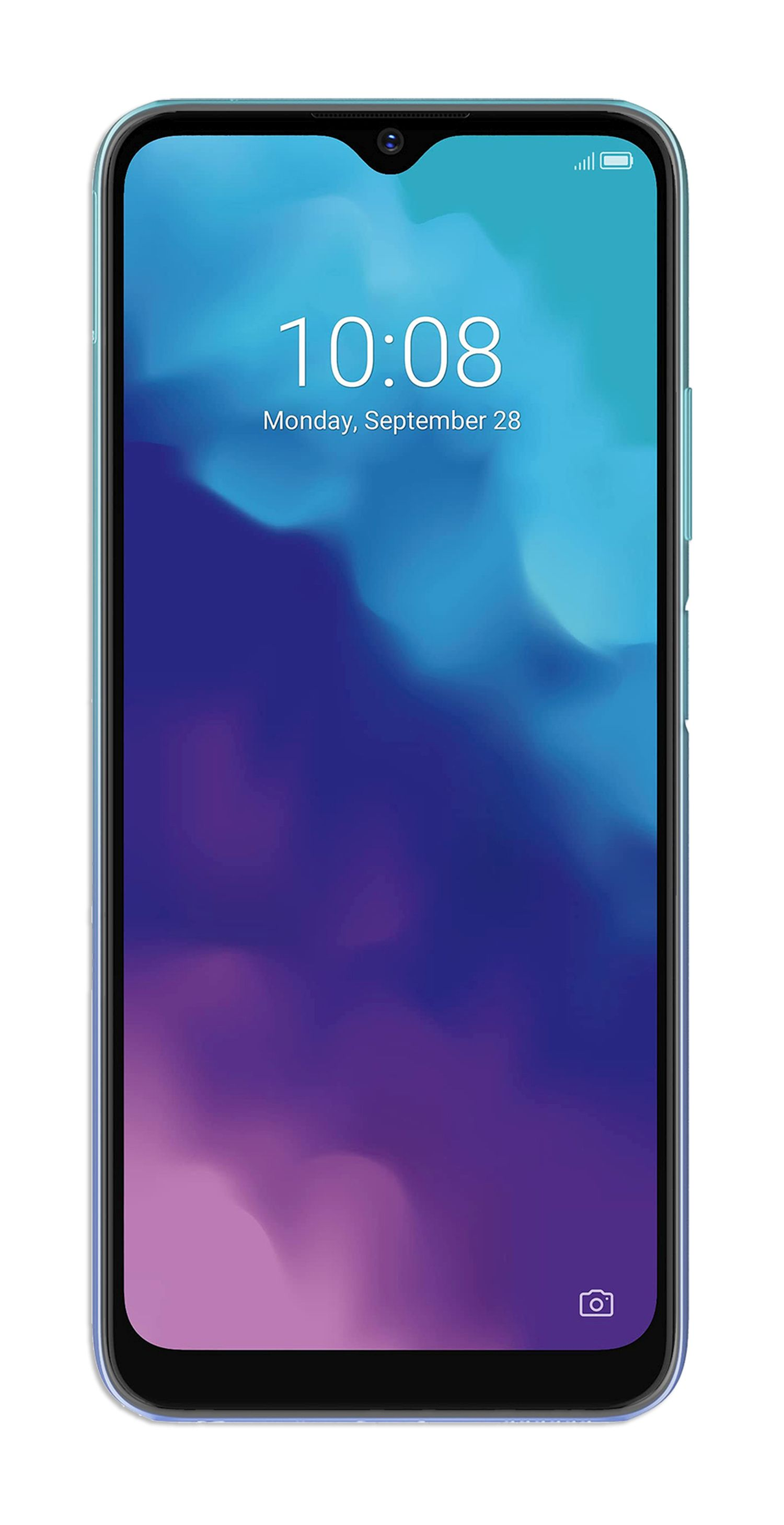 Smartphone mit blauem und lila verschwommenem Hintergrund. Uhrzeit: 10:08, Montag, 28. September.