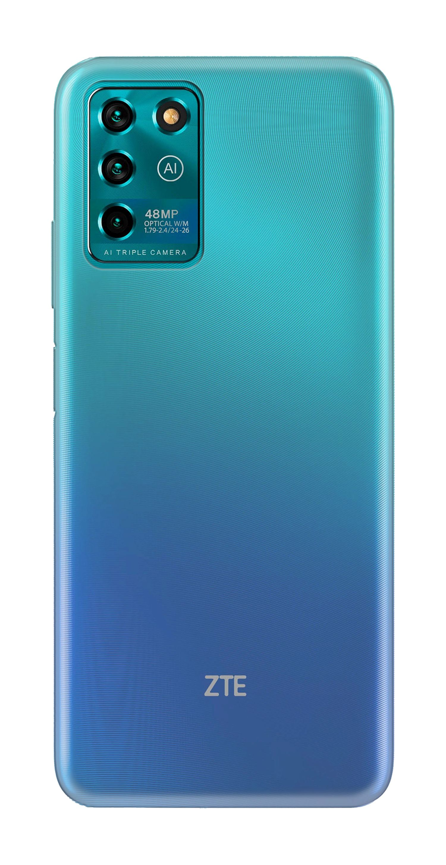 Blaues ZTE Smartphone mit Farbverlauf, Dreifachkamera und Markenlogo.