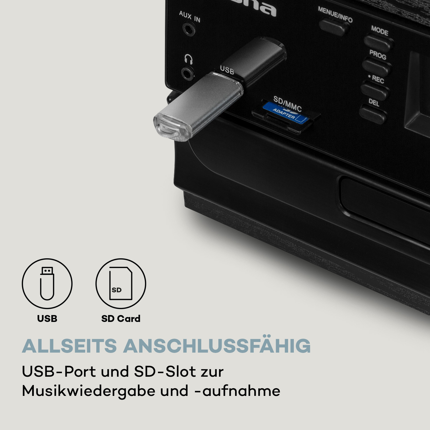 Ein schwarzes Gerät mit USB-Anschluss und SD-Kartensteckplatz. USB-Stick eingesetzt.