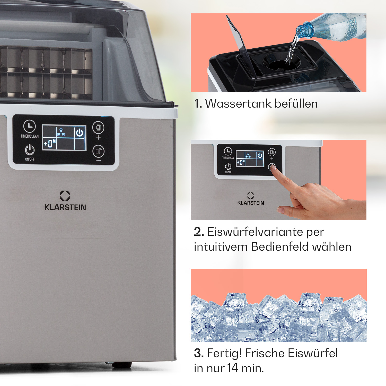 Una macchina per il ghiaccio con i passaggi: riempire l'acqua, selezionare il tipo di cubetto di ghiaccio e cubetti di ghiaccio finiti.