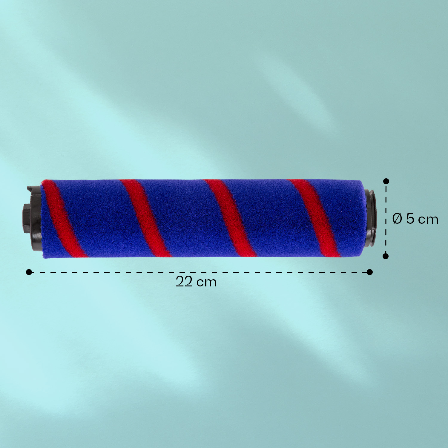 Spazzola a rullo per aspirapolvere in blu con strisce rosse. Mostra le dimensioni.