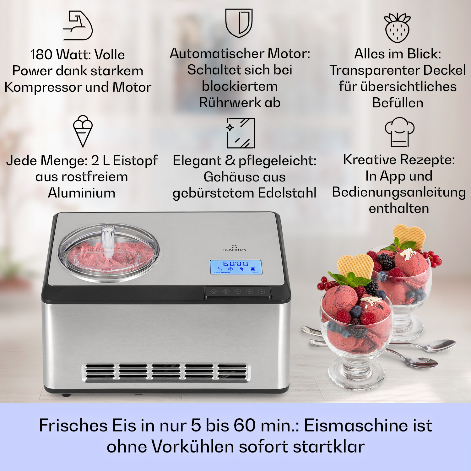 Gelatiera con coppette di gelato e icone informative sul prodotto visualizzate.