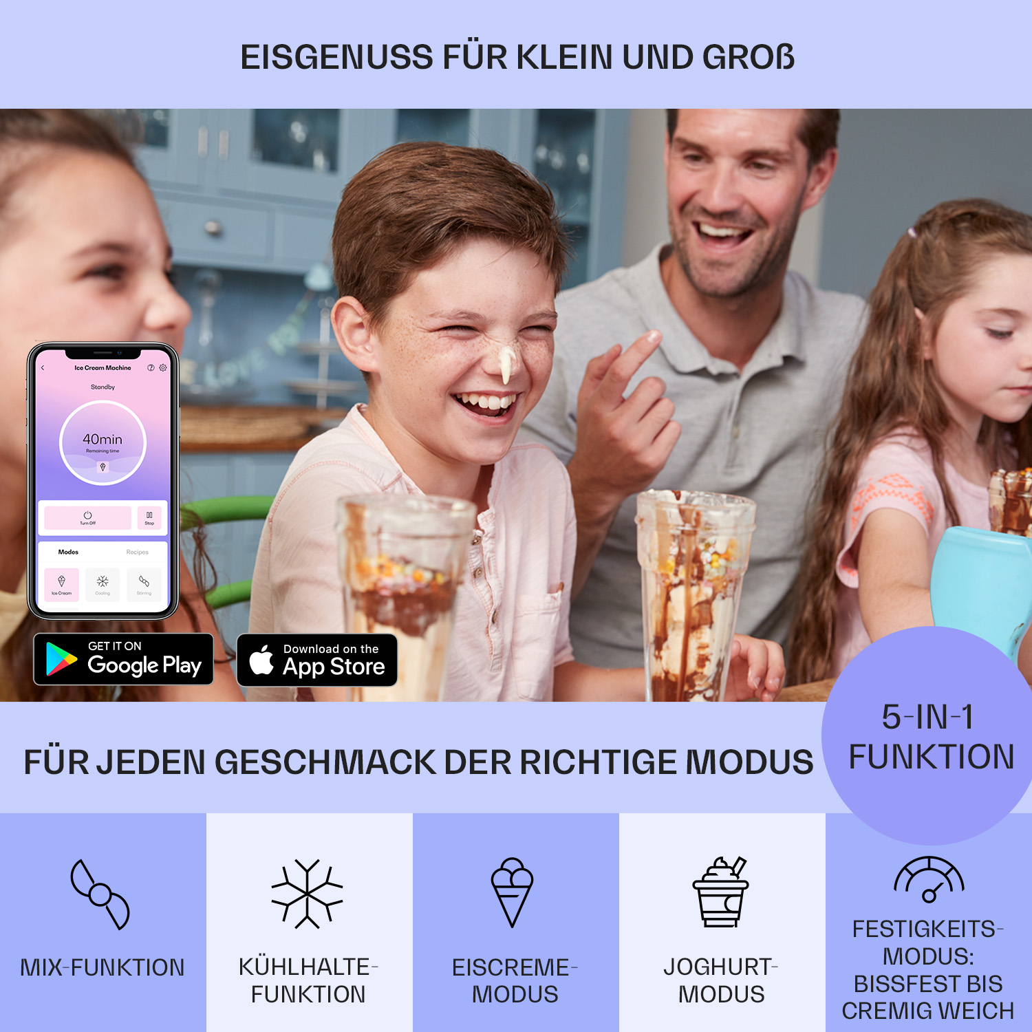 Famiglia che si gode il gelato. Ragazzo con panna montata in faccia, famiglia che ride, gelatiera sullo sfondo.
