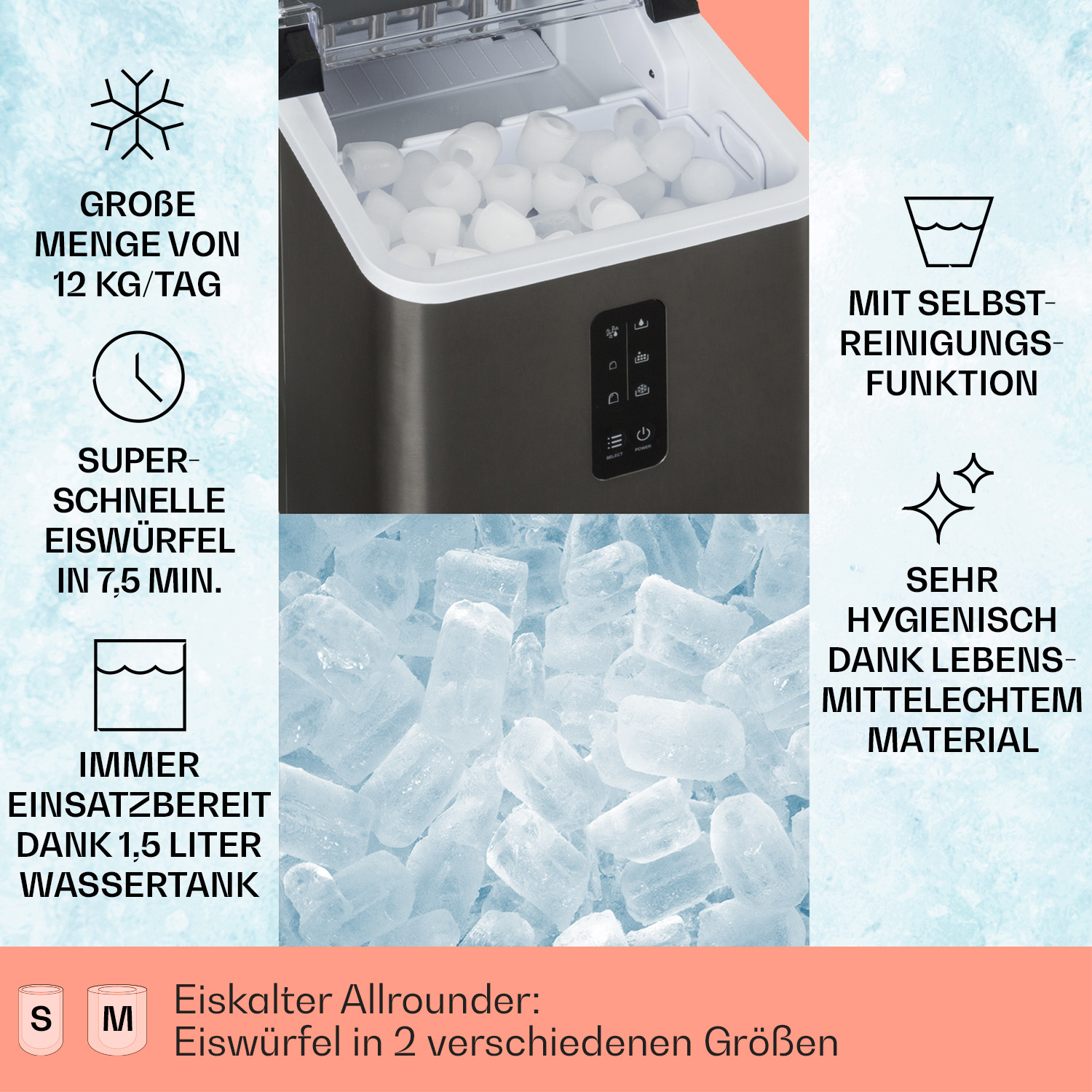 Macchina per il ghiaccio con testo. Cubetti di ghiaccio, testo: grande quantità di 12 kg/giorno, cubetti di ghiaccio super veloci in 7,5 min.
