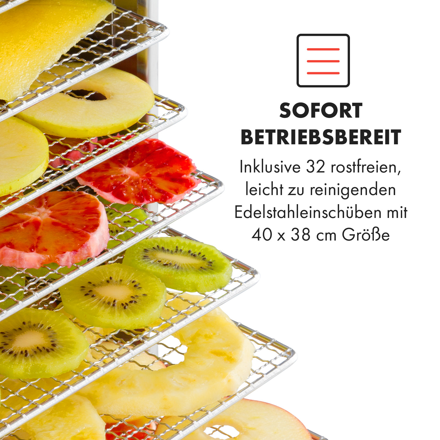 Un essiccatore per alimenti con strati di frutta a fette. L'etichetta recita: 'SOFORT BETRIEBSBEREIT'.