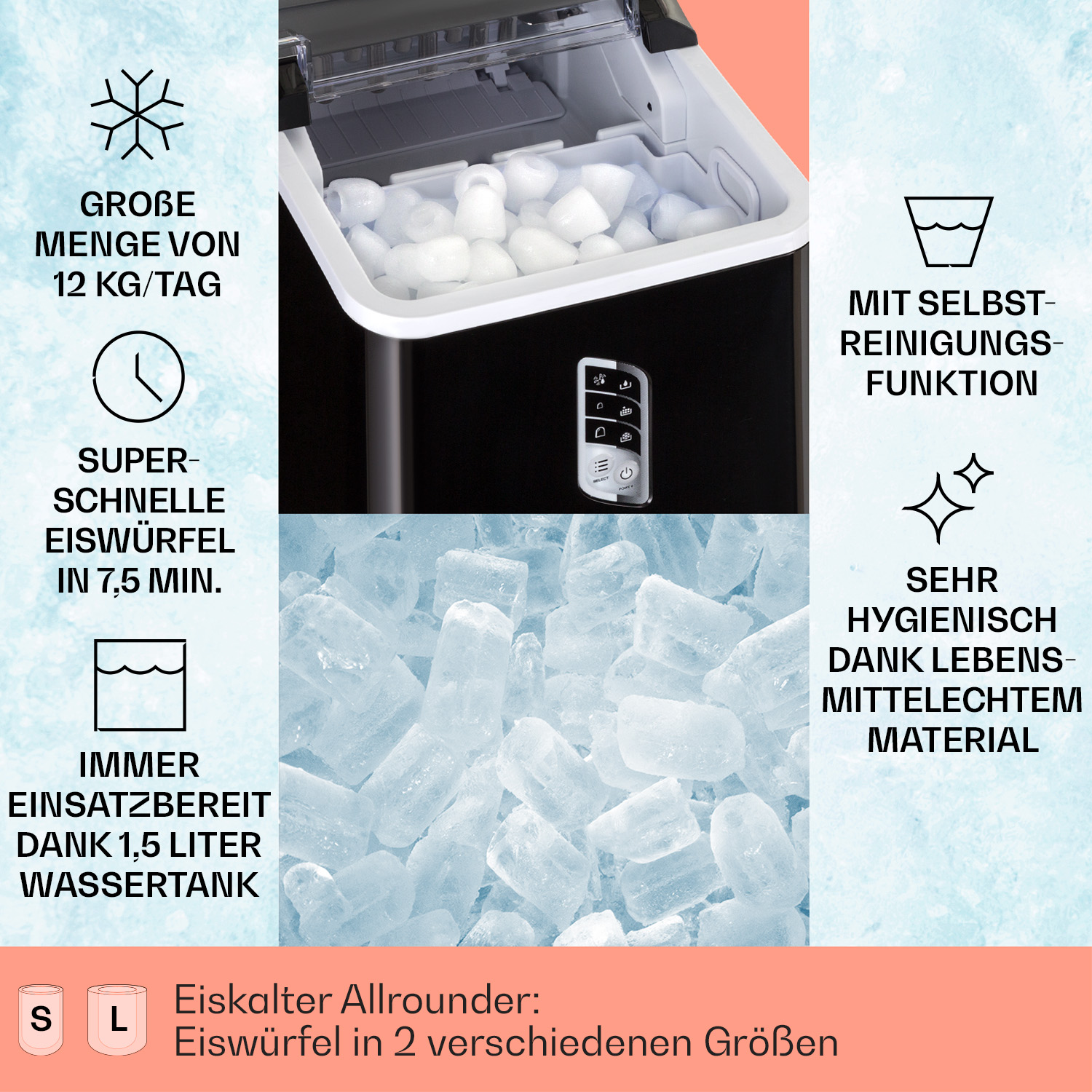 Eiswürfelbereiter mit Eiswürfeln. Text: schnelles Eis, große Menge, hygienisches Material, Selbstreinigungsfunktion.