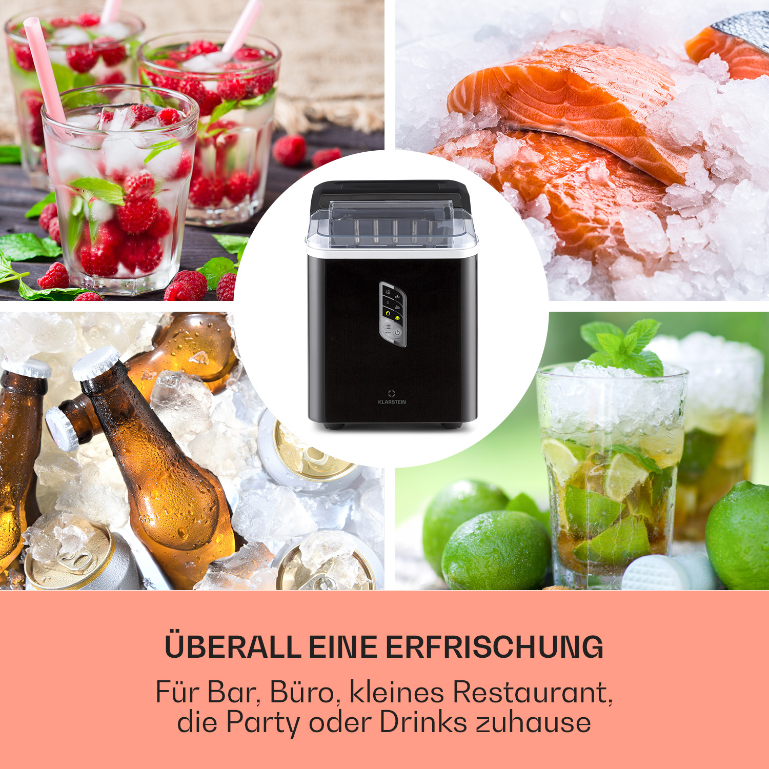 Bild mit Eismaschine, Getränken und Lachs.