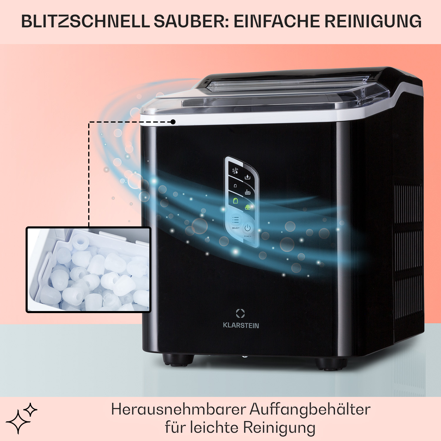 Schwarzer Eisbereiter mit Eis und Dampf, sowie Text über einfache Reinigung.