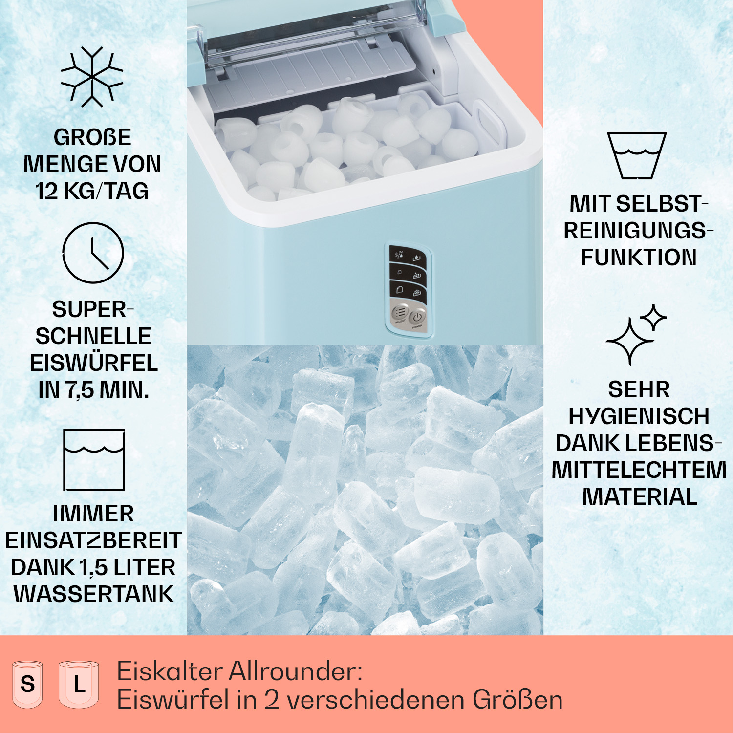 Eismaschine mit Eiswürfeln. Text: Große Menge 12 kg/Tag, superschnelles Eis in 7,5 Min.