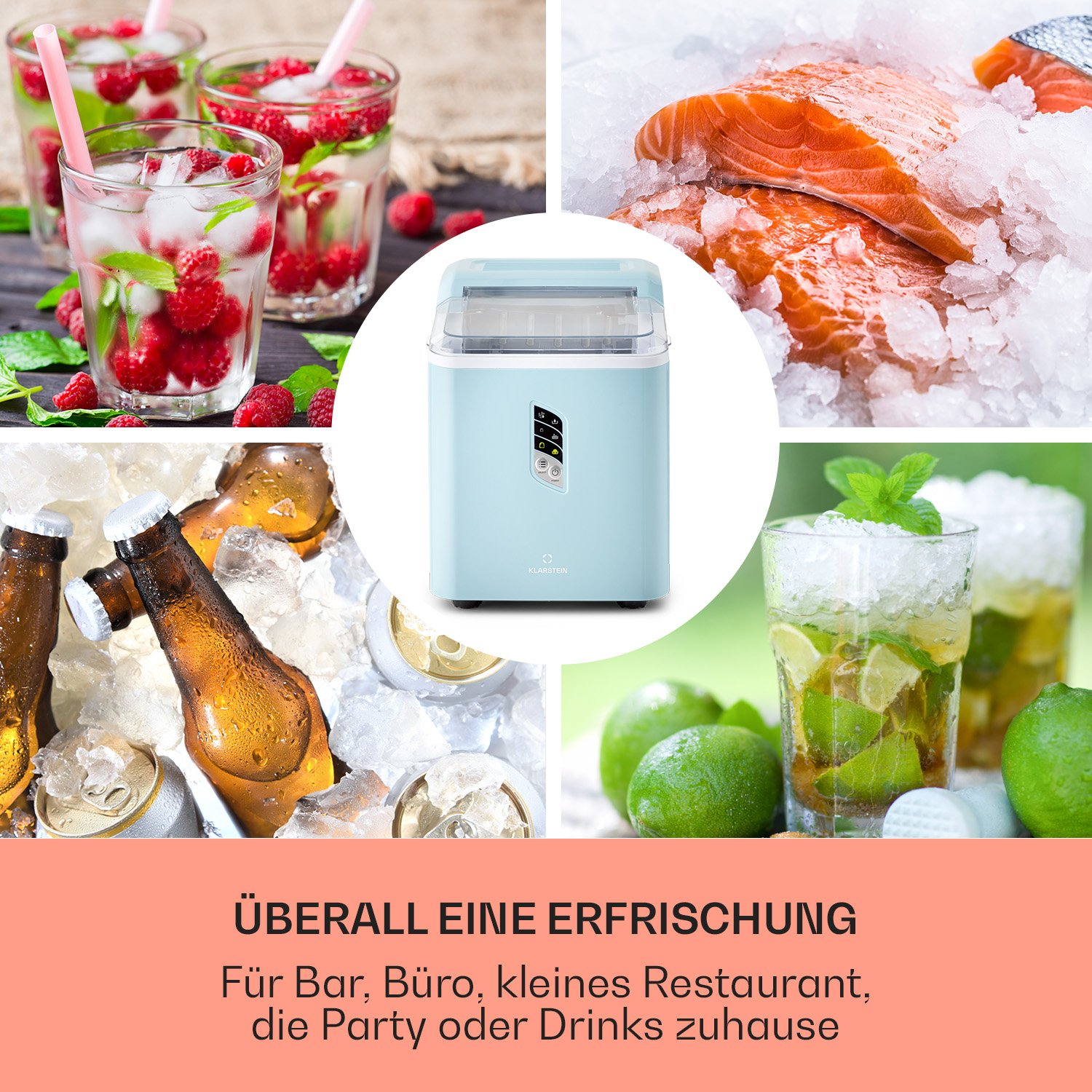 Eiswürfelbereiter, umgeben von Getränken und Essen, Eis und Text auf Deutsch: Überall eine Erfrischung.