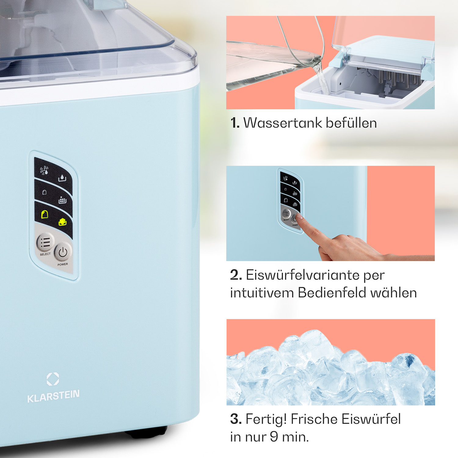 Hellblauer Eisbereiter, der den Vorgang zeigt: Wasser füllen, Eiswürfelgröße wählen und Eiswürfel.