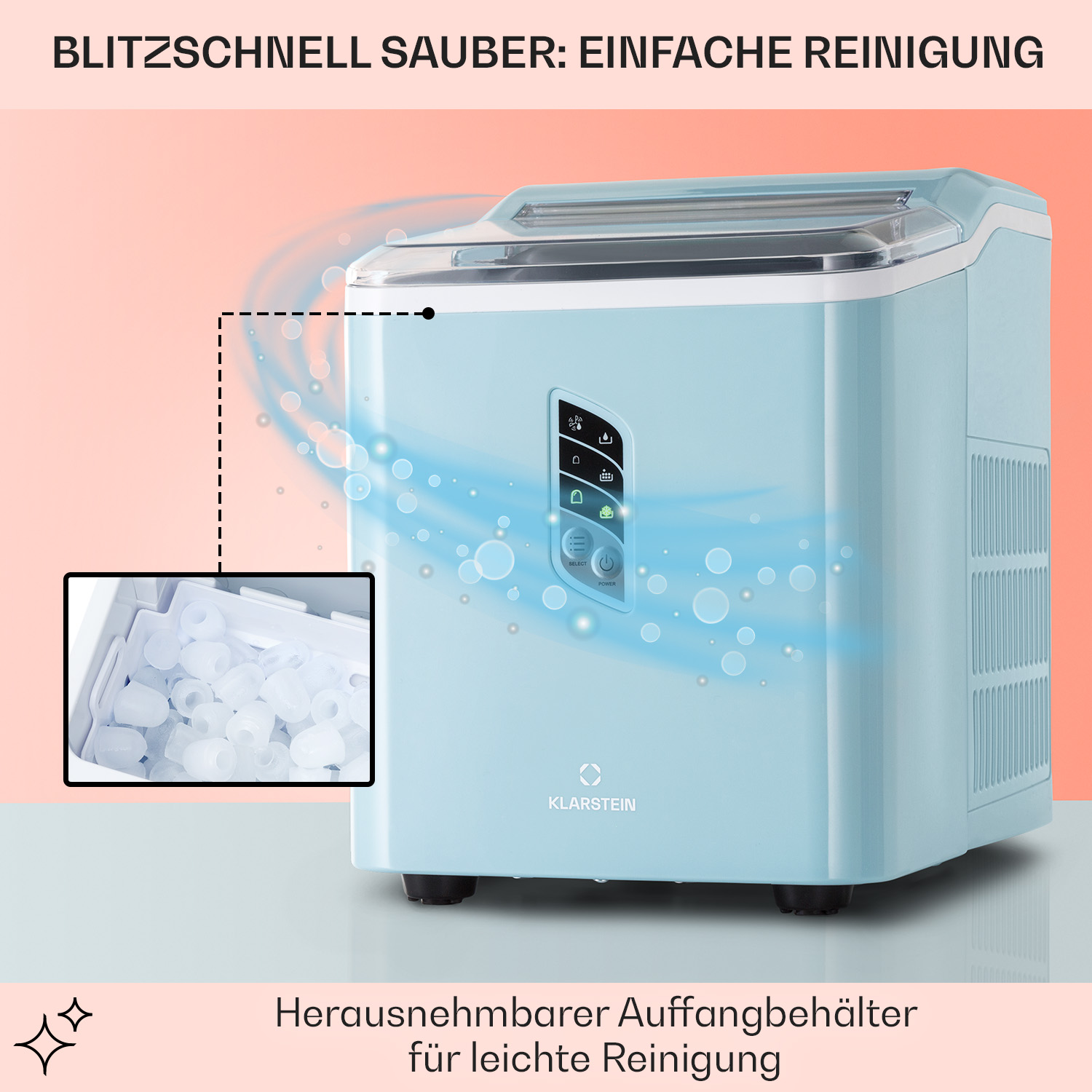 Ein hellblauer Eisbereiter mit Bedienfeld. Zeigt eine Nahaufnahme von Eiswürfeln.