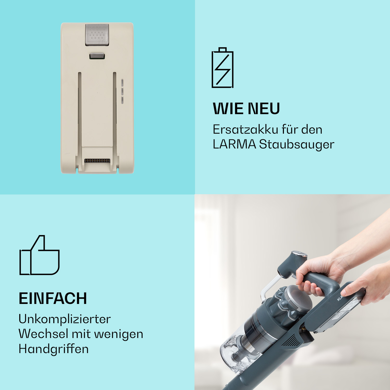 Pacco batteria crema e aspirapolvere. Testo: Sostituzione facile e semplice.