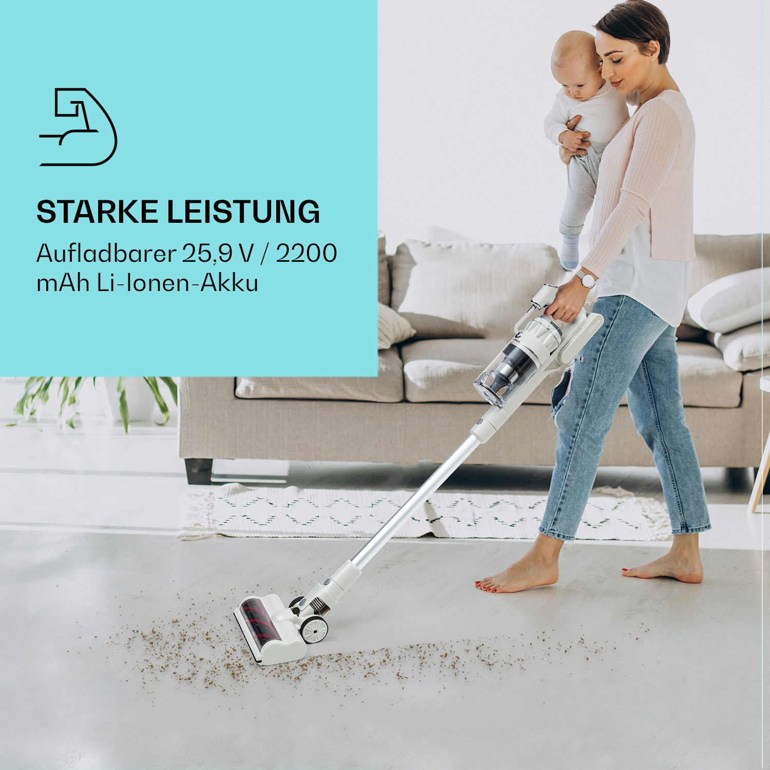 Donna che tiene un aspirapolvere. Testo: prestazioni elevate, batteria ricaricabile, 25,9 V / 2200 mAh.