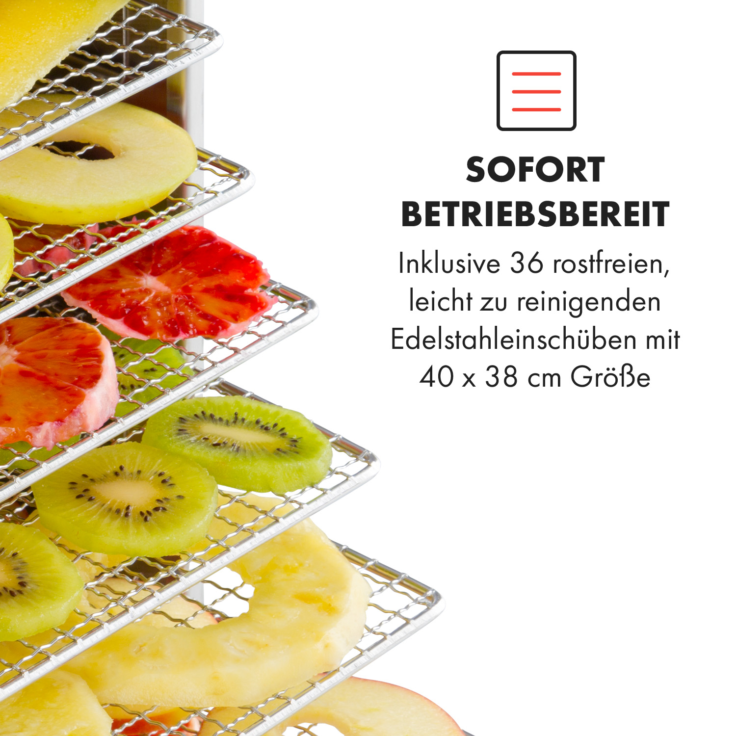 Un essiccatore con fette di frutta su ripiani, sfondo bianco e testo.