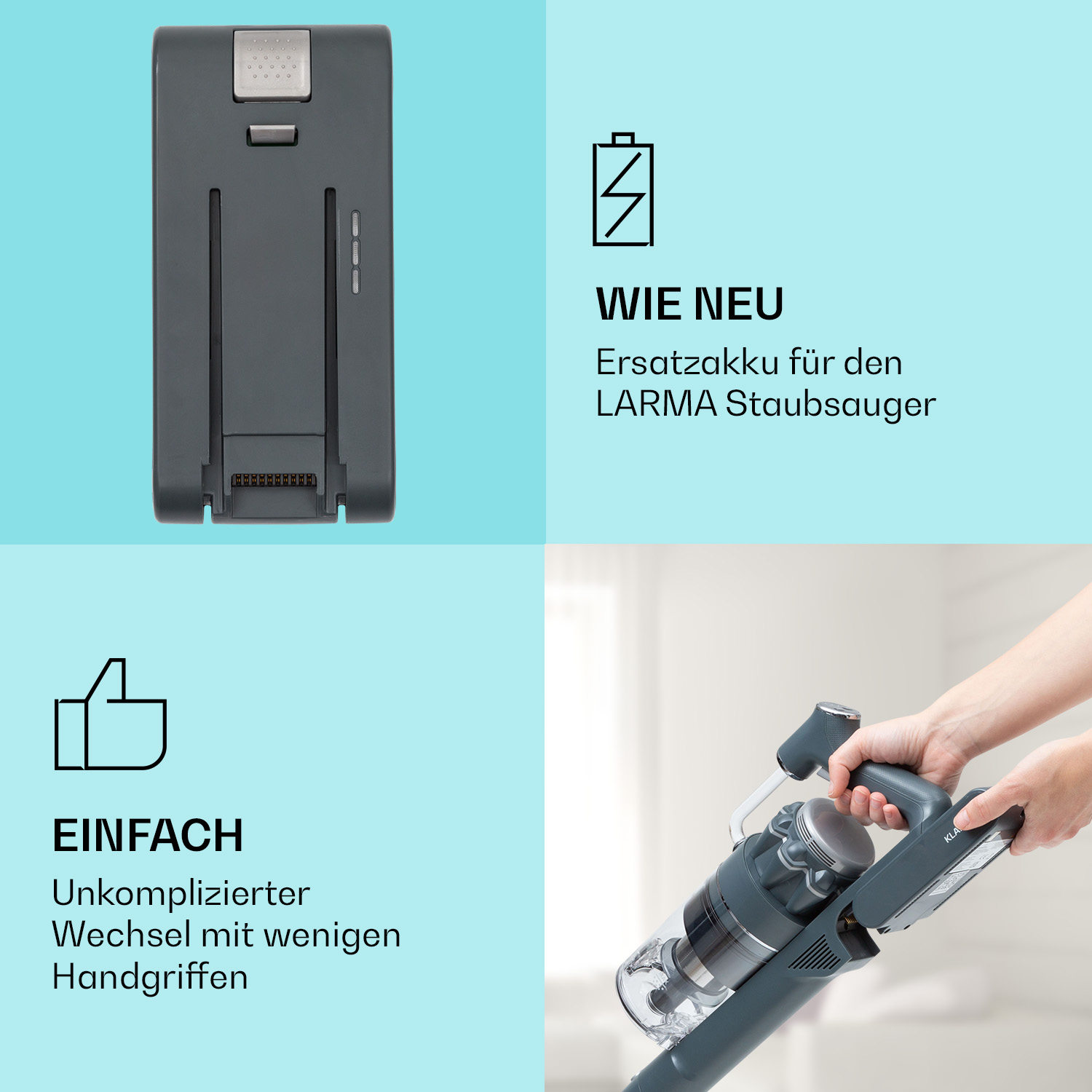 Pacco batteria per aspirapolvere grigio con icone e testo. Una mano tiene un aspirapolvere sullo sfondo.