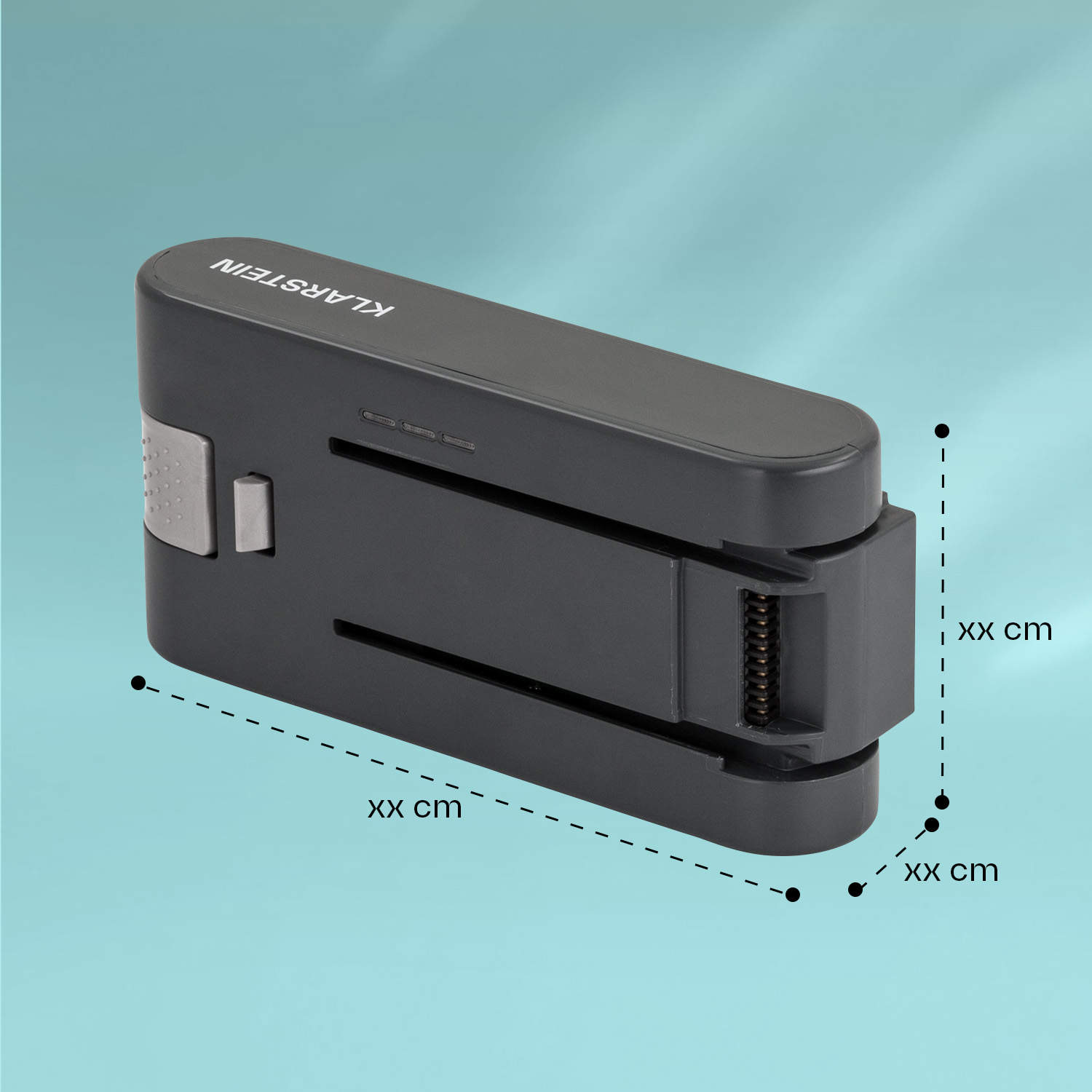 Un dispositivo portatile nero con un pulsante grigio, con dimensioni segnate su uno sfondo blu.