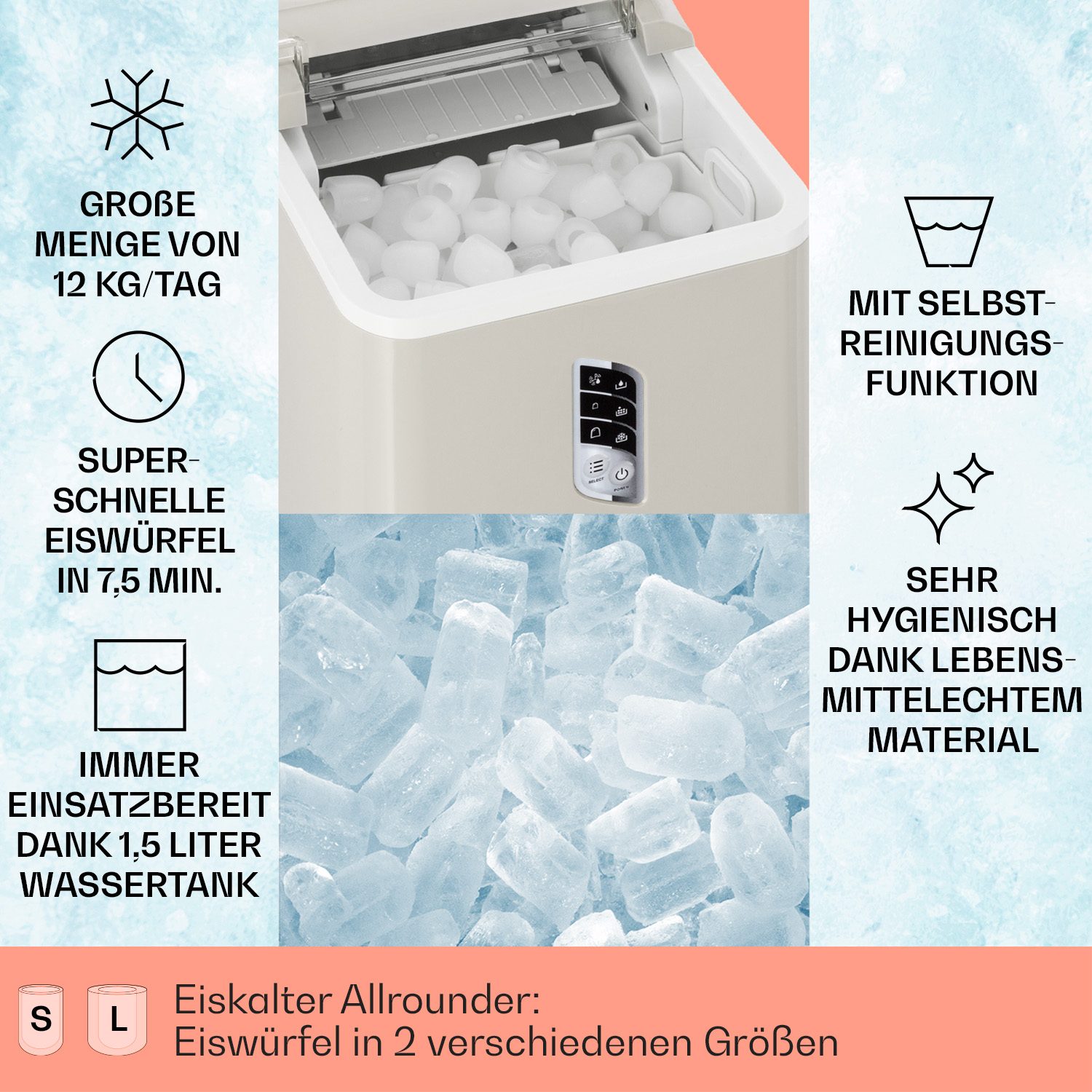Ein Eisbereiter mit Eiswürfeln, mit beschreibenden Symbolen für Funktionen.